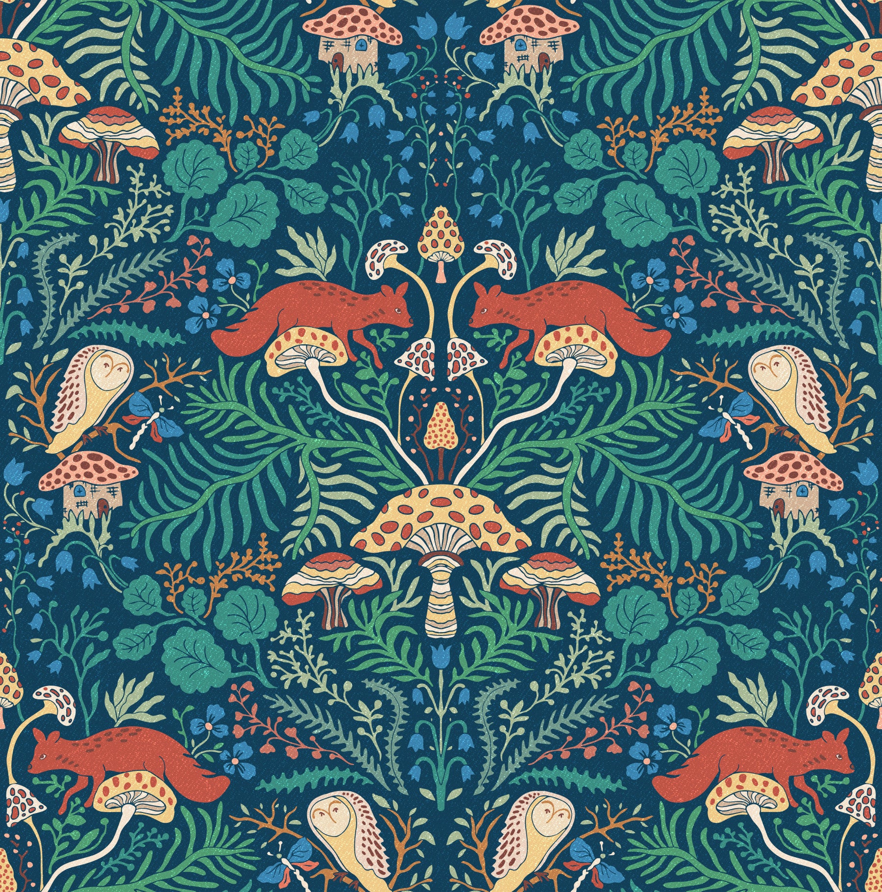 A whimsical forest-themed wallpaper pattern.
