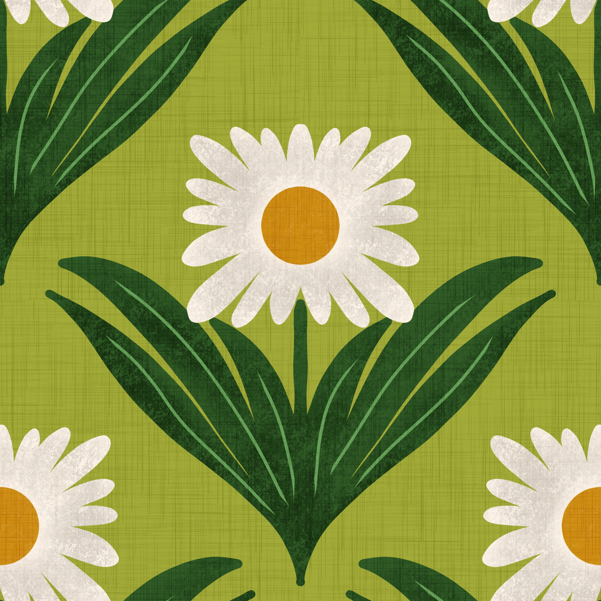 Retro 70s Daisy Floral on Avocado Green - Mod Flower Wallpaper⁠ in your room — zoomed