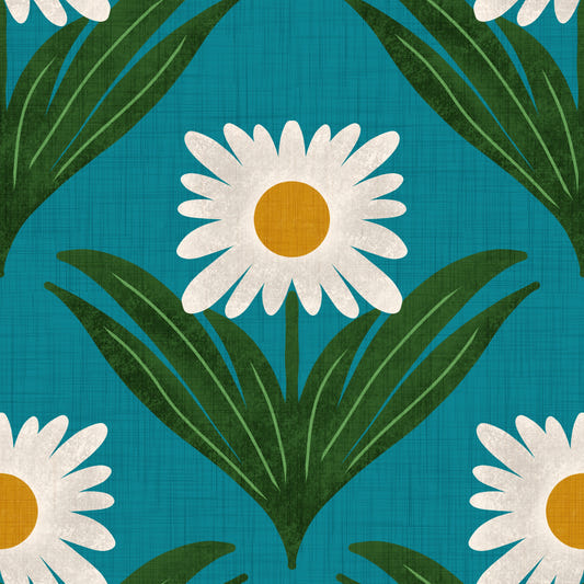 Retro 70s Daisy Floral on Teal - Mod Flower Wallpaper