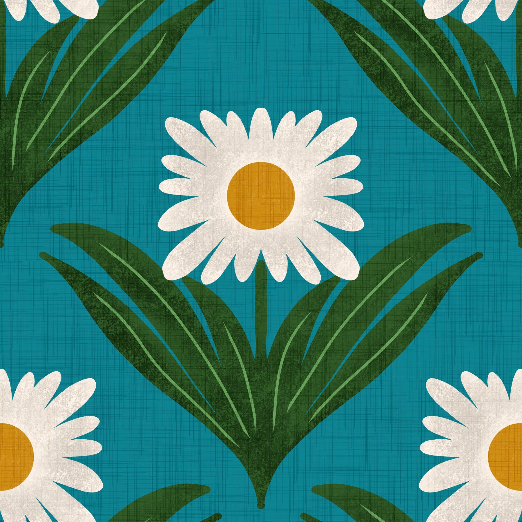 Retro 70s Daisy Floral on Teal - Mod Flower Wallpaper in your room — zoomed