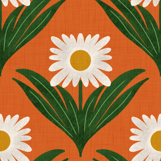 Retro 70s Daisy Floral on Orange - Mod Flower Wallpaper⁠⁠