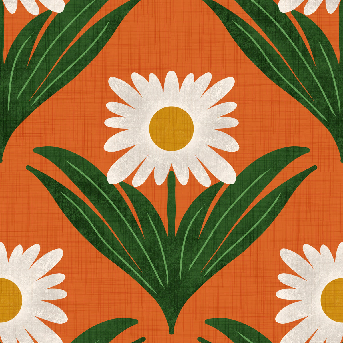 Retro 70s Daisy Floral on Orange - Mod Flower Wallpaper⁠⁠ in your room — zoomed