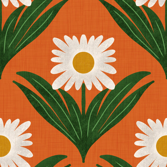Retro 70s Daisy Floral on Orange - Mod Flower Wallpaper⁠⁠