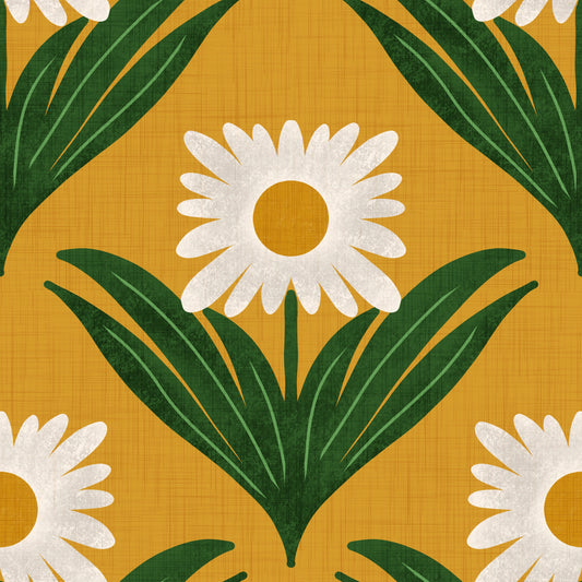 Retro 70s Daisy Floral on Yellow - Mod Flower Wallpaper⁠