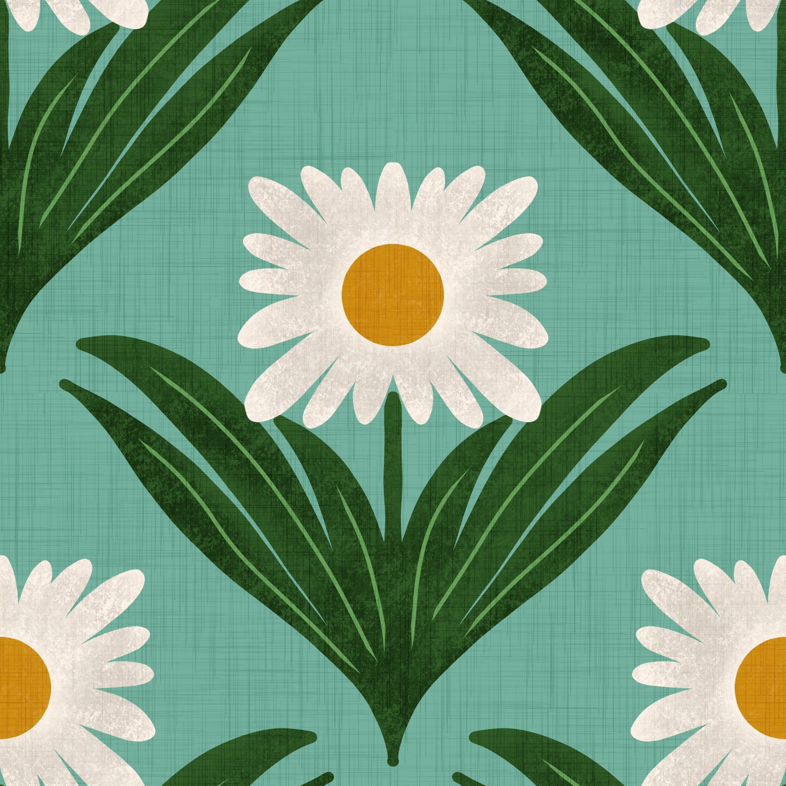 Retro 70s Daisy Floral on Retro Blue - Mod Flower Wallpaper⁠