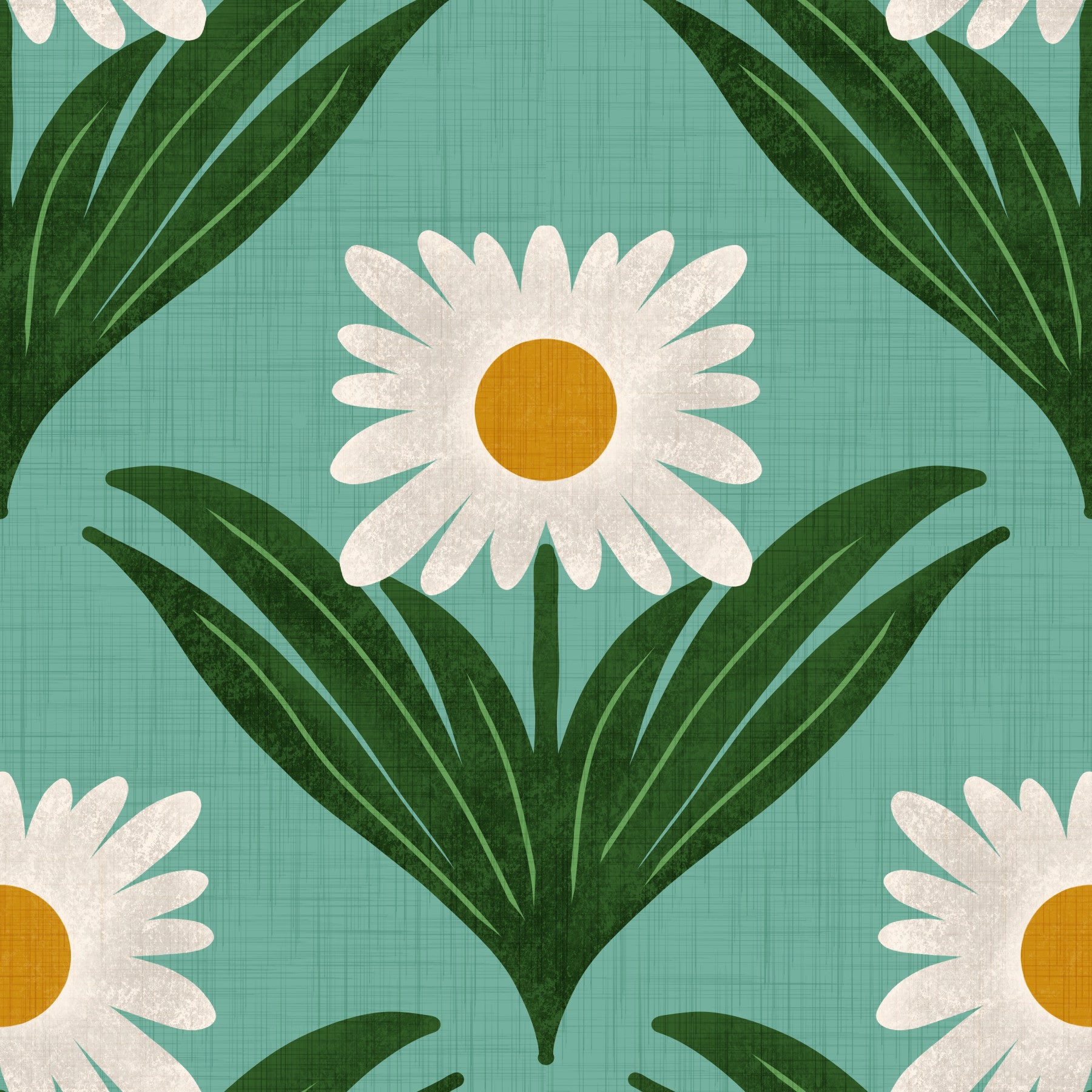 Retro 70s Daisy Floral on Retro Blue - Mod Flower Wallpaper⁠