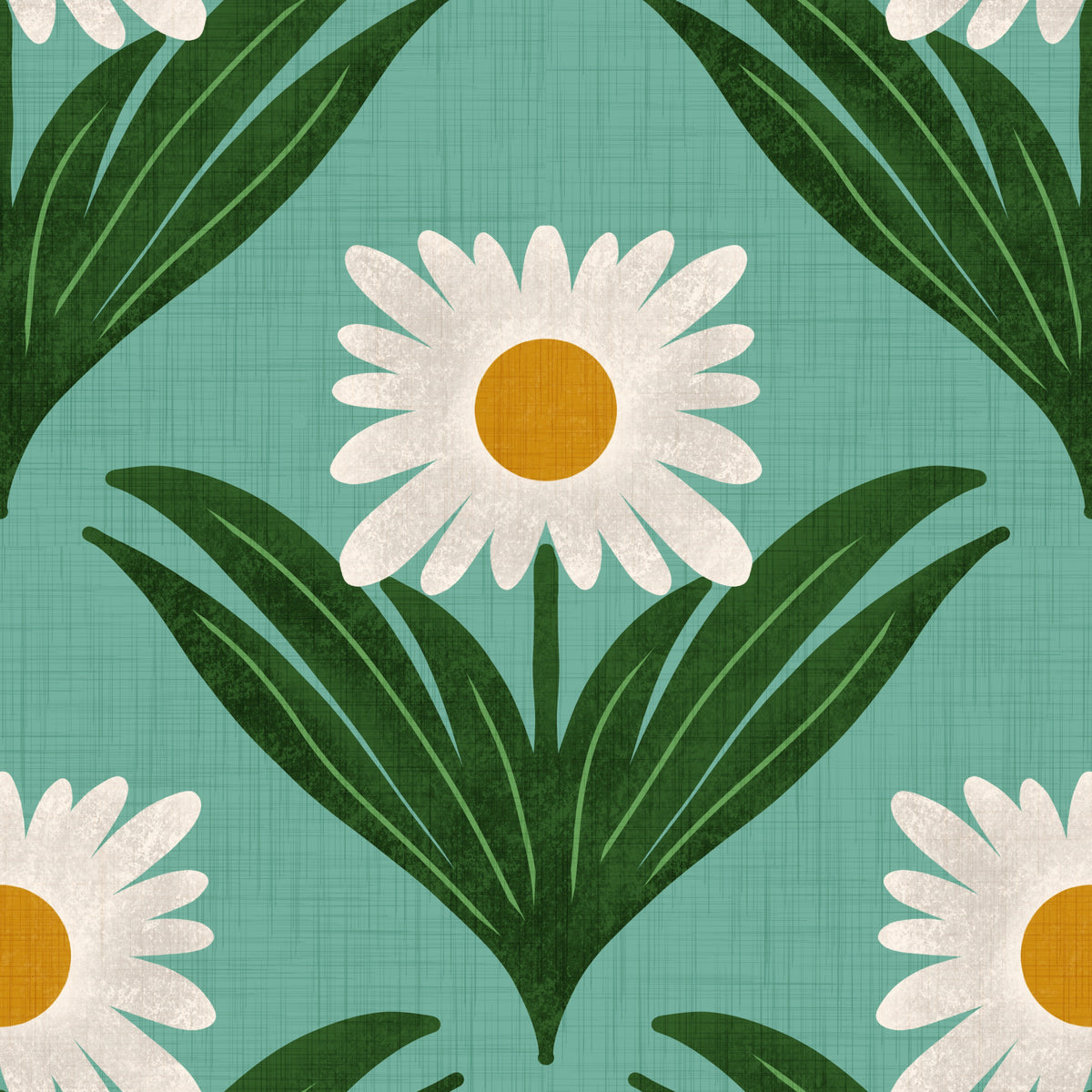 Retro 70s Daisy Floral on Retro Blue - Mod Flower Wallpaper⁠ in your room — zoomed