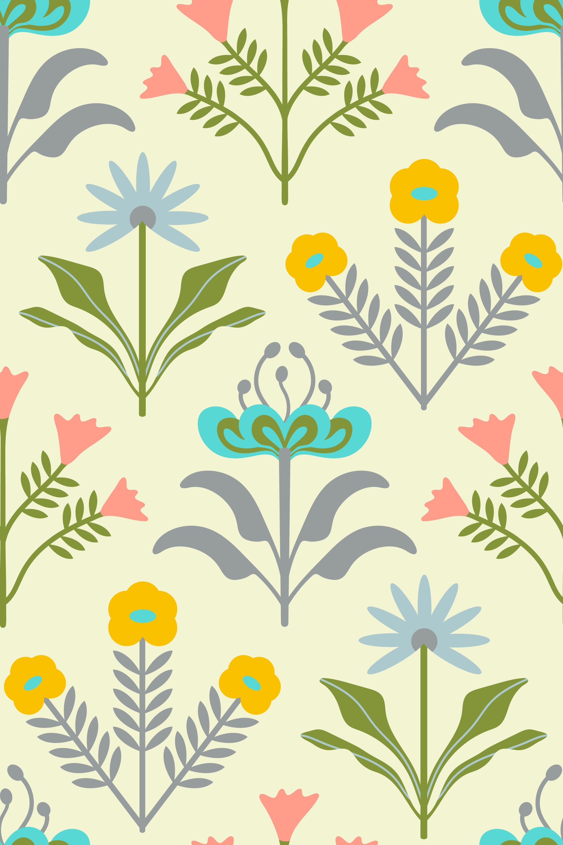 Lora Mid Century Modern Scandi Retro Floral Cottage Pastel Yellow Cream Wallpaper⁠