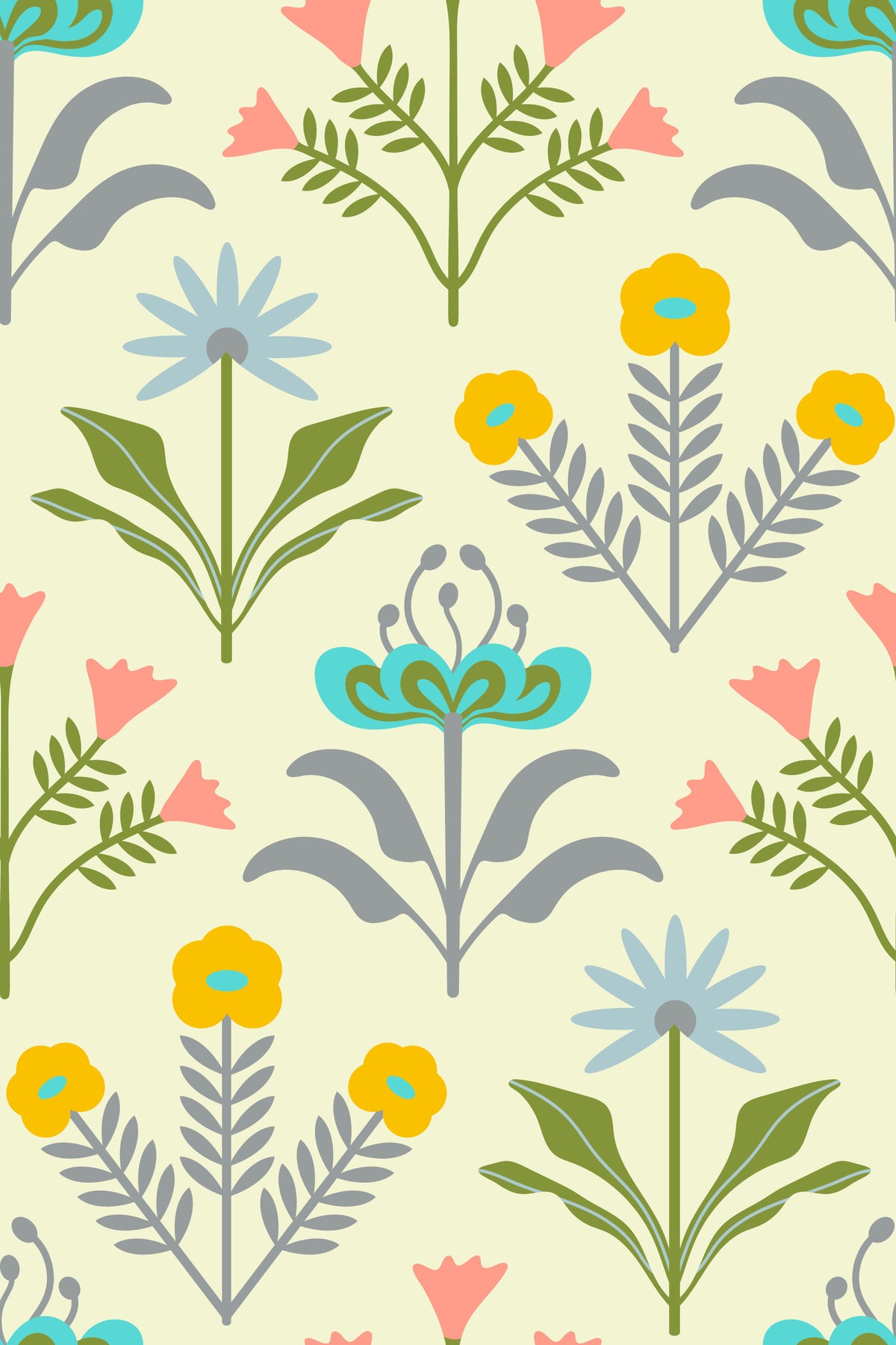 Lora Mid Century Modern Scandi Retro Floral Cottage Pastel Yellow Cream Wallpaper⁠ in your room — zoomed