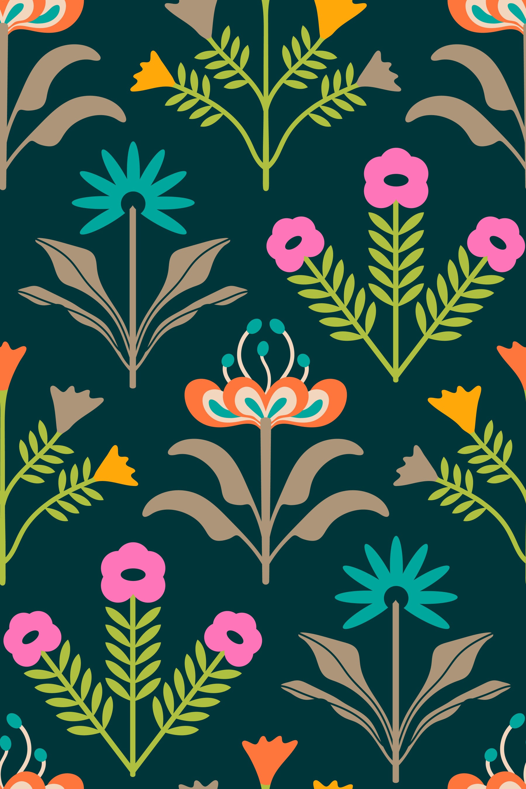 Lora Mid Century Modern Scandi Retro Floral Rainbow Brights Dark Green Wallpaper⁠