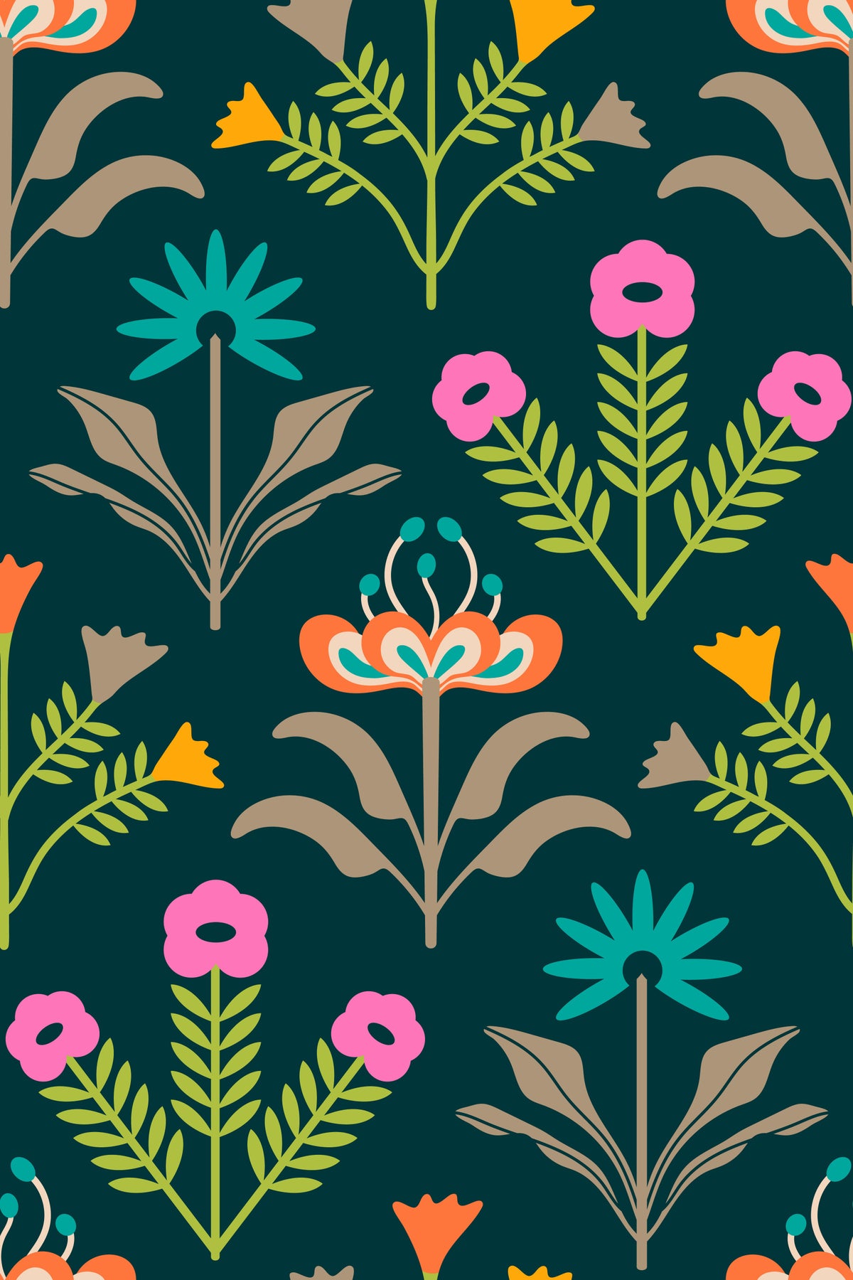 Lora Mid Century Modern Scandi Retro Floral Rainbow Brights Dark Green Wallpaper⁠ in your room — zoomed