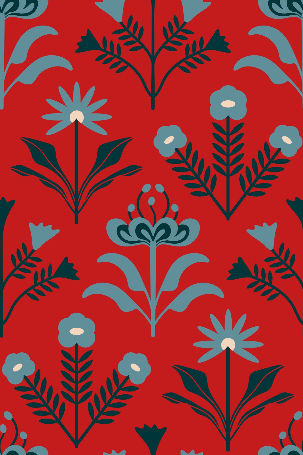 Lora Mid Century Modern Scandi Retro Floral Blue Navy Indigo White Dark Red Wallpaper⁠ in your room — zoomed