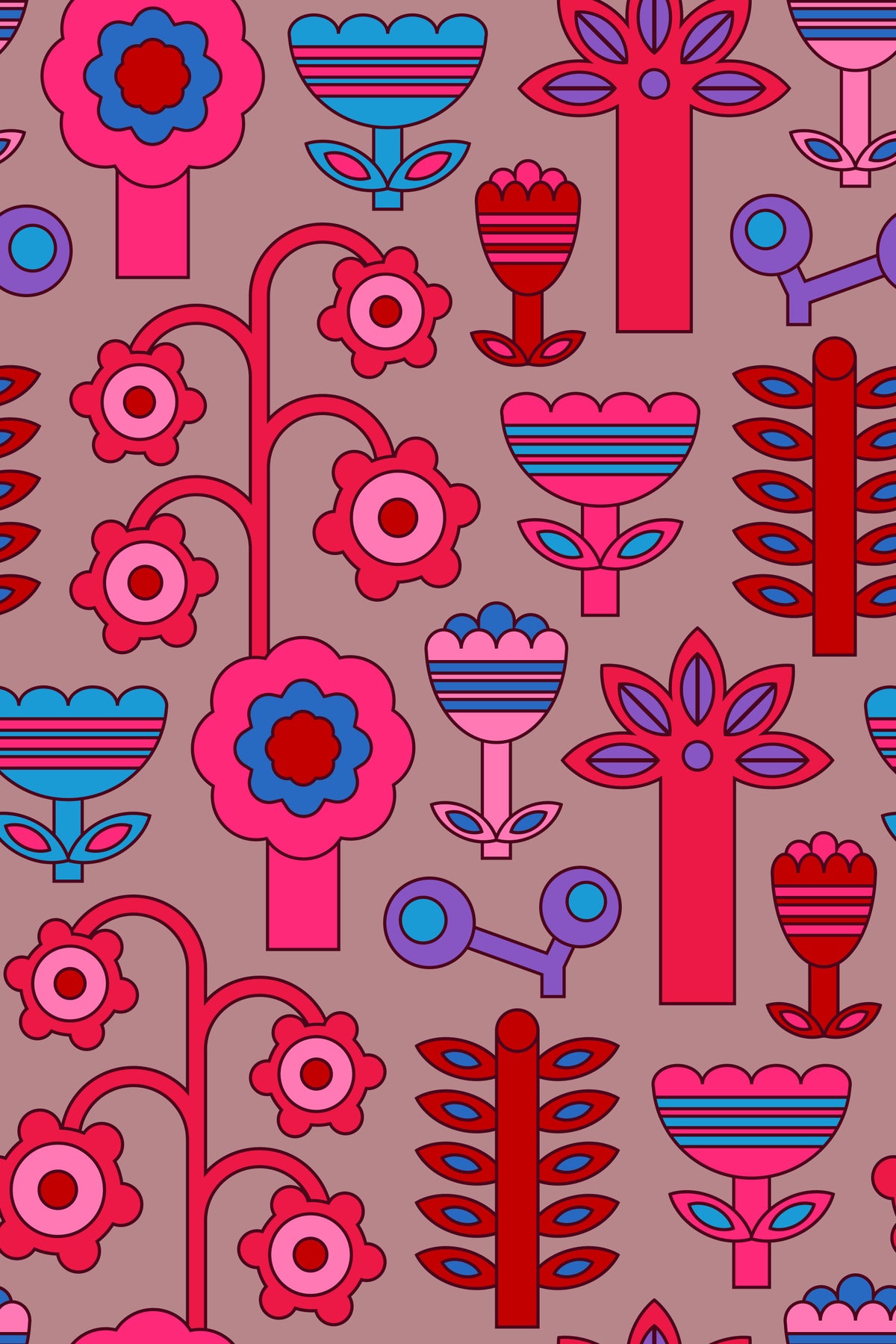 Magic Garden Retro Scandi Flowers Geometric Floral Cherry Red Pink Wallpaper⁠ in your room — zoomed