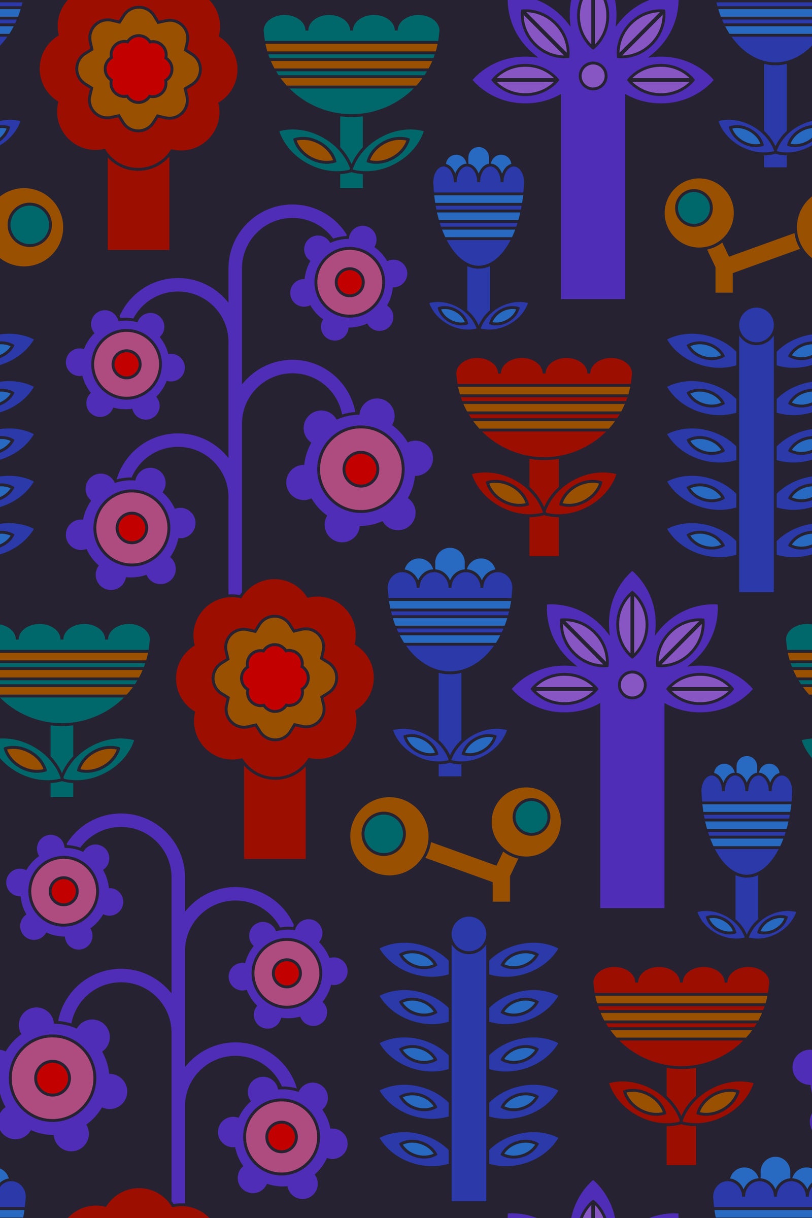 Magic Garden Retro Scandi Flowers Geometric Floral Jewel Brights Dark Wallpaper⁠ in your room