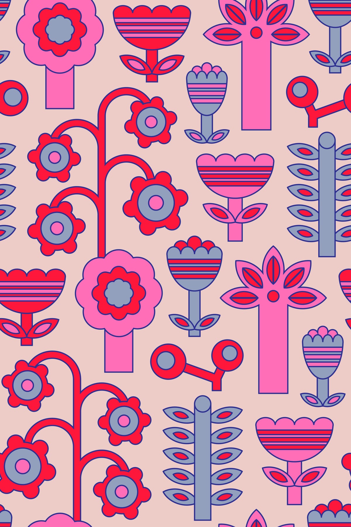 Magic Garden Retro Scandi Flowers Geometric Floral Pretty Pink Red Wallpaper⁠ in your room