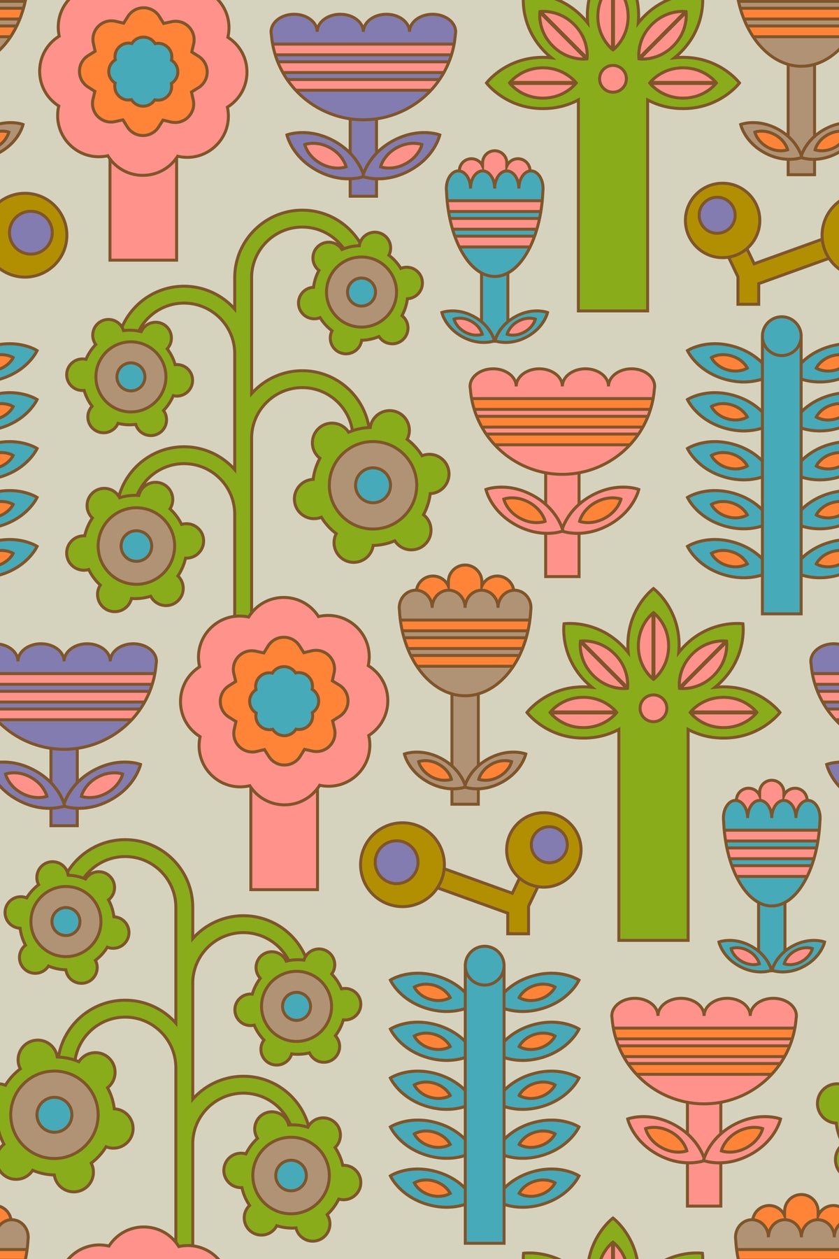 Magic Garden Retro Scandi Flowers Geometric Floral Warm Pastels Cream Wallpaper⁠ in your room — zoomed