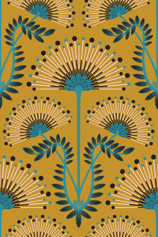 Mimosa Art Deco Floral Botanical Damask Blue Black Mustard Yellow Wallpaper⁠