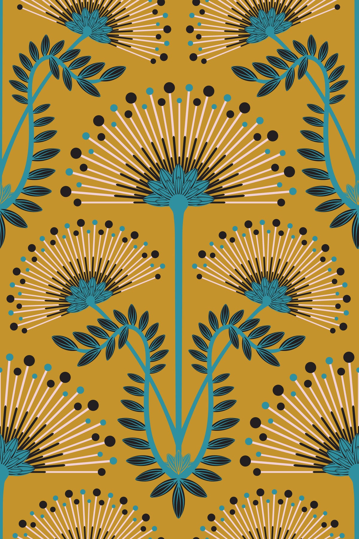 Mimosa Art Deco Floral Botanical Damask Blue Black Mustard Yellow Wallpaper⁠ in your room