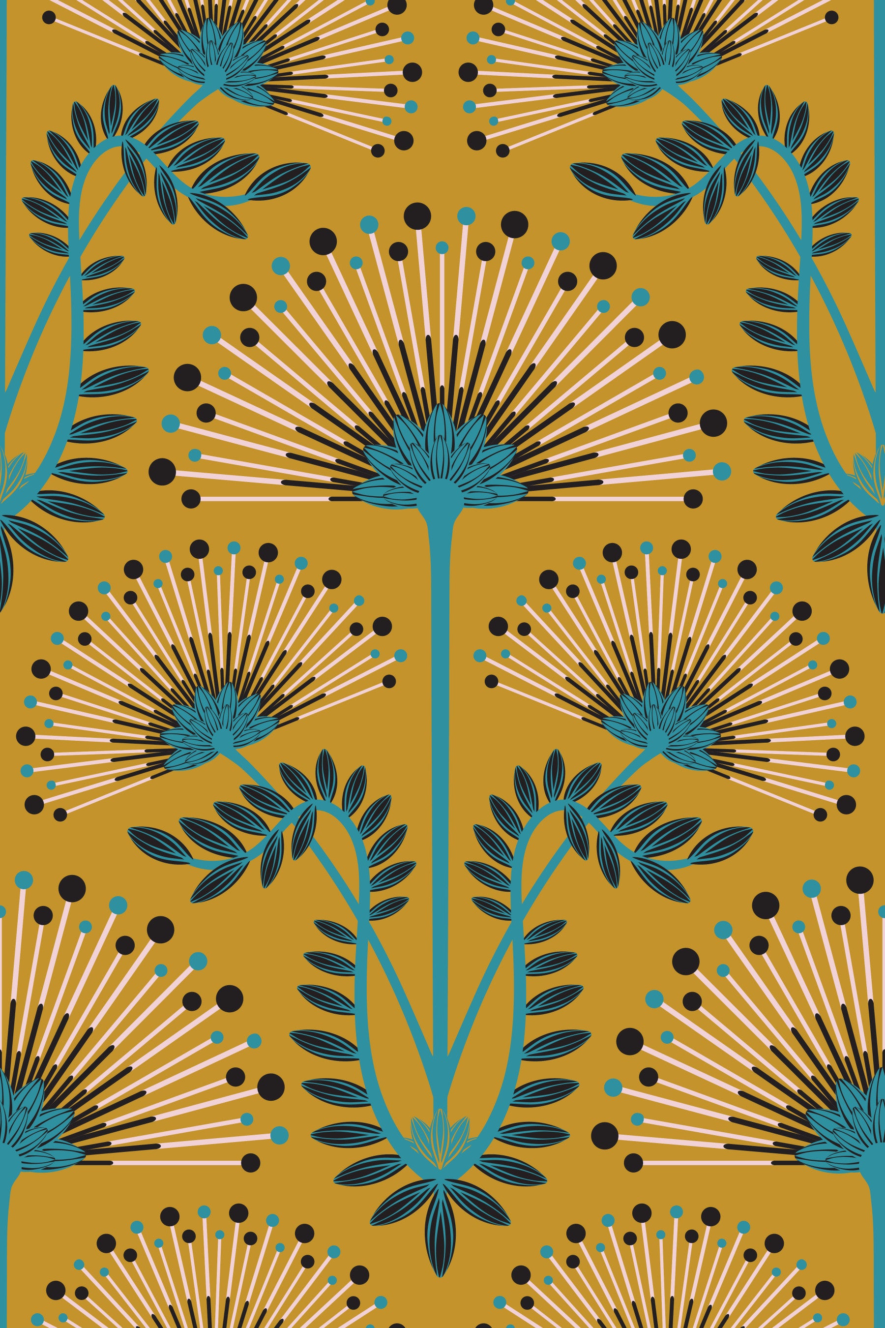 Mimosa Art Deco Floral Botanical Damask Blue Black Mustard Yellow Wallpaper⁠