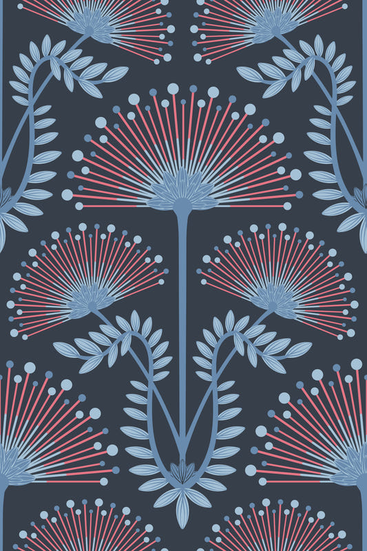 Mimosa Art Deco Floral Botanical Damask Red Powder Blue Navy Wallpaper⁠