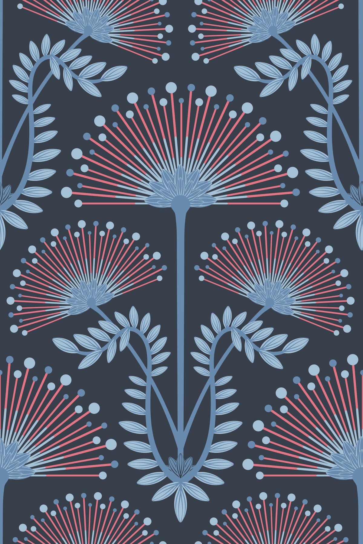 Mimosa Art Deco Floral Botanical Damask Red Powder Blue Navy Wallpaper⁠ in your room