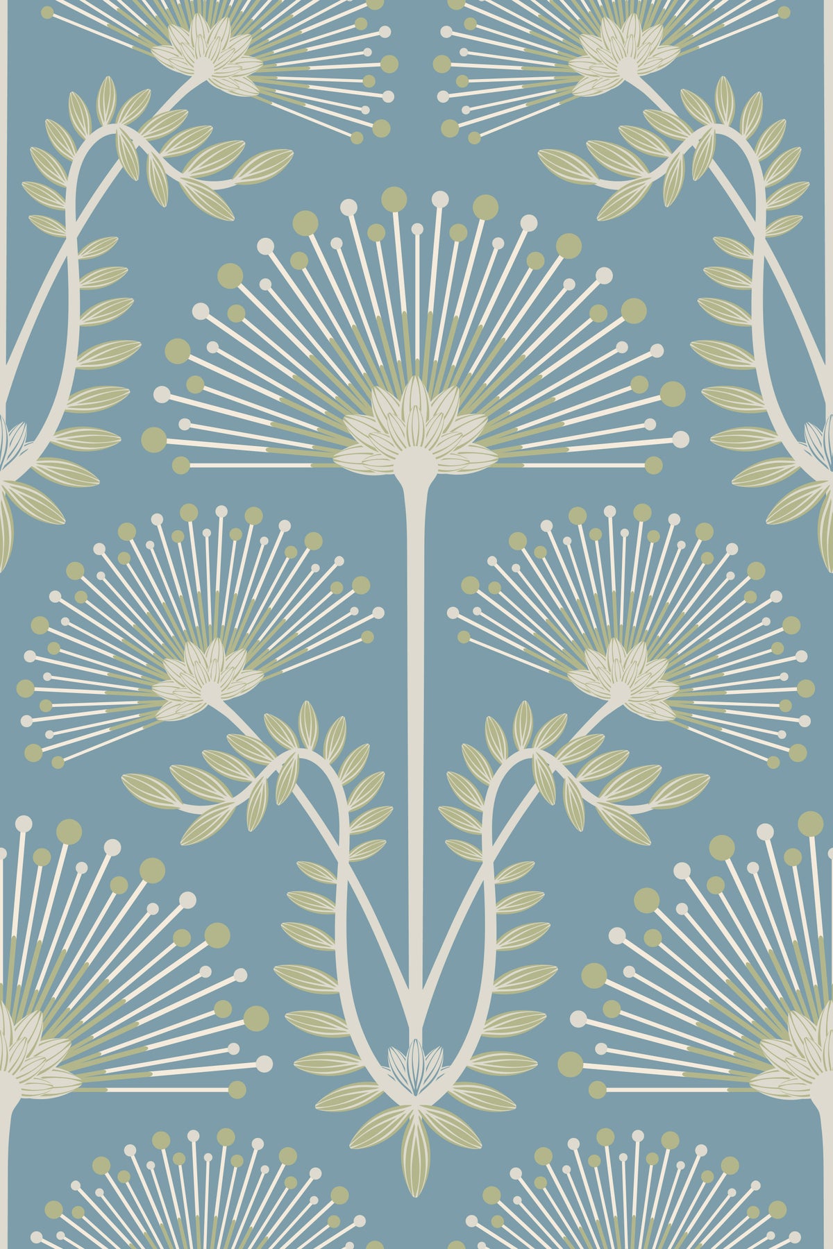 Mimosa Art Deco Floral Botanical Damask Sage Green White Light Blue Wallpaper⁠ in your room — zoomed