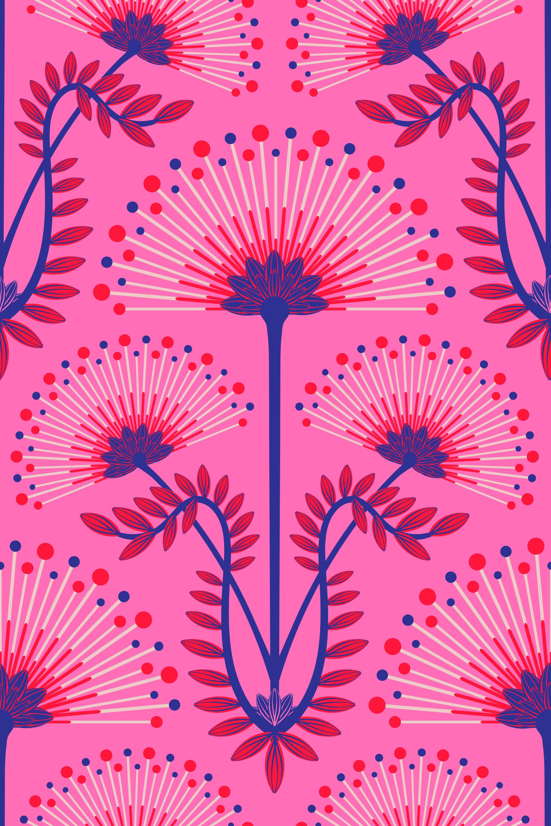 Mimosa Art Deco Floral Botanical Damask Pink Red Blue Fuchsia Wallpaper⁠ in your room — zoomed