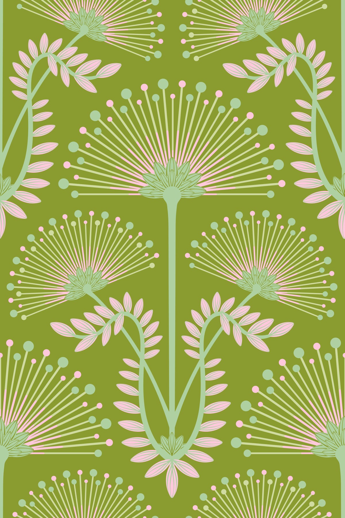 Mimosa Art Deco Floral Botanical Damask Pink Chartreuse Spring Green Wallpaper⁠ in your room