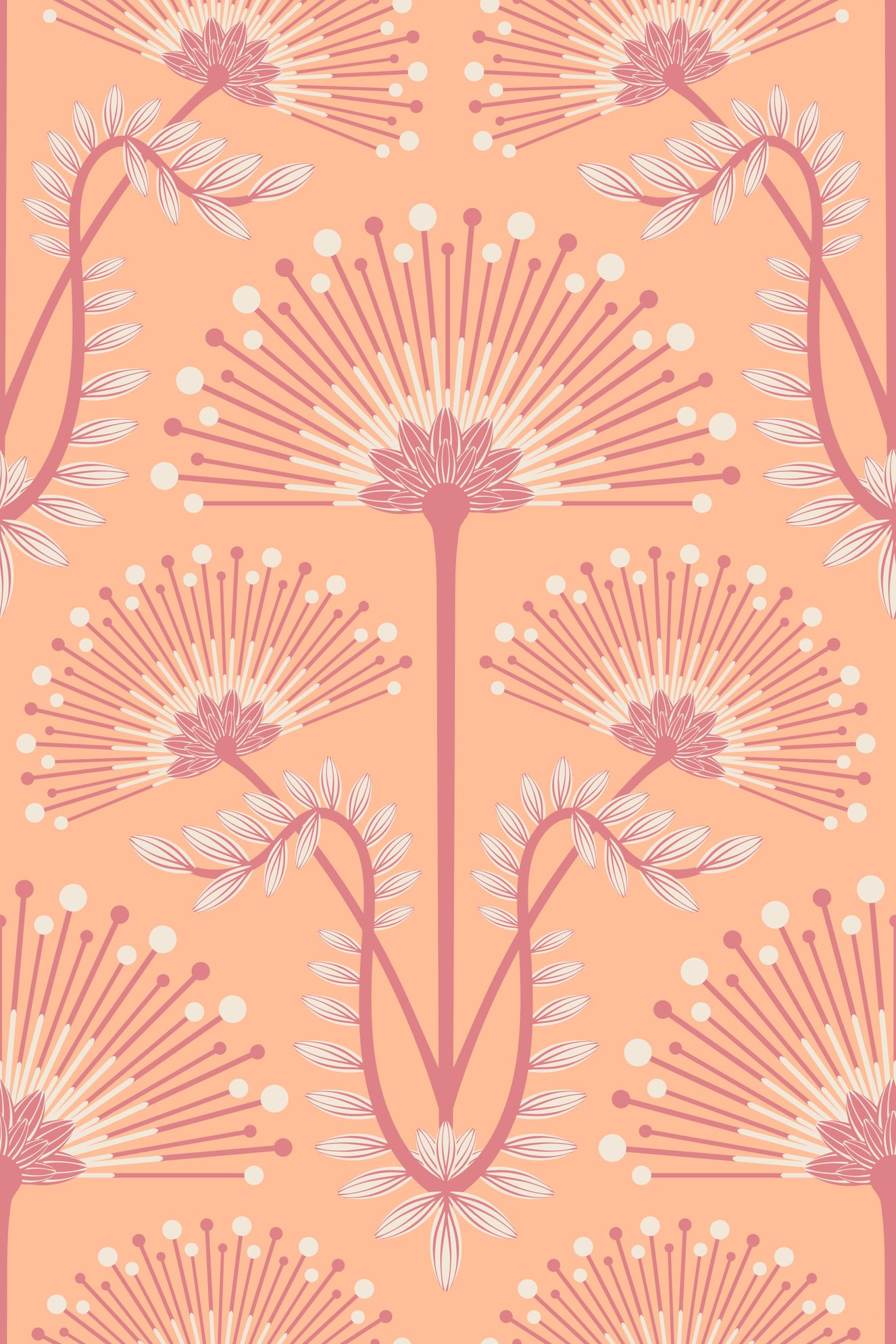 Mimosa Art Deco Floral Botanical Damask Pastel Peach Fuzz Orange Wallpaper⁠