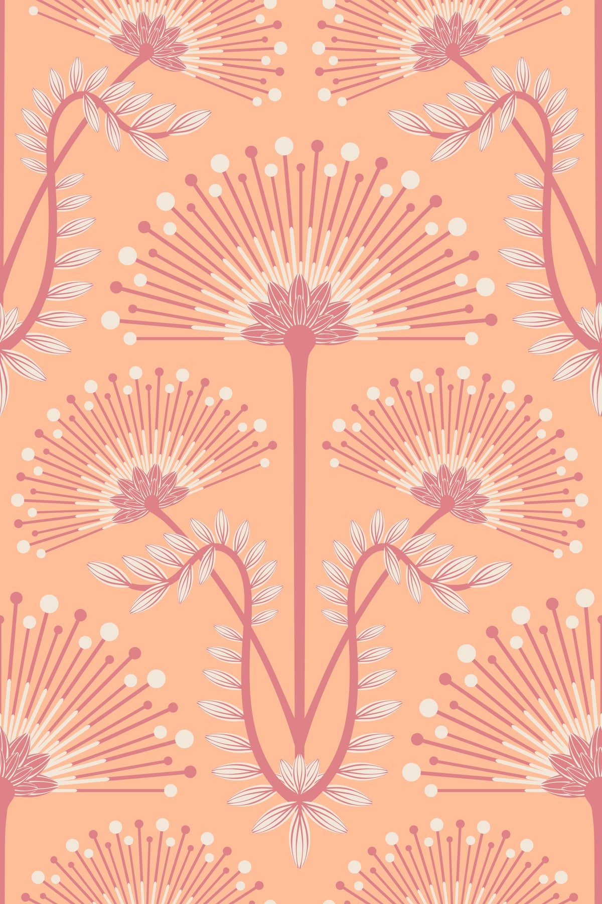 Mimosa Art Deco Floral Botanical Damask Pastel Peach Fuzz Orange Wallpaper⁠