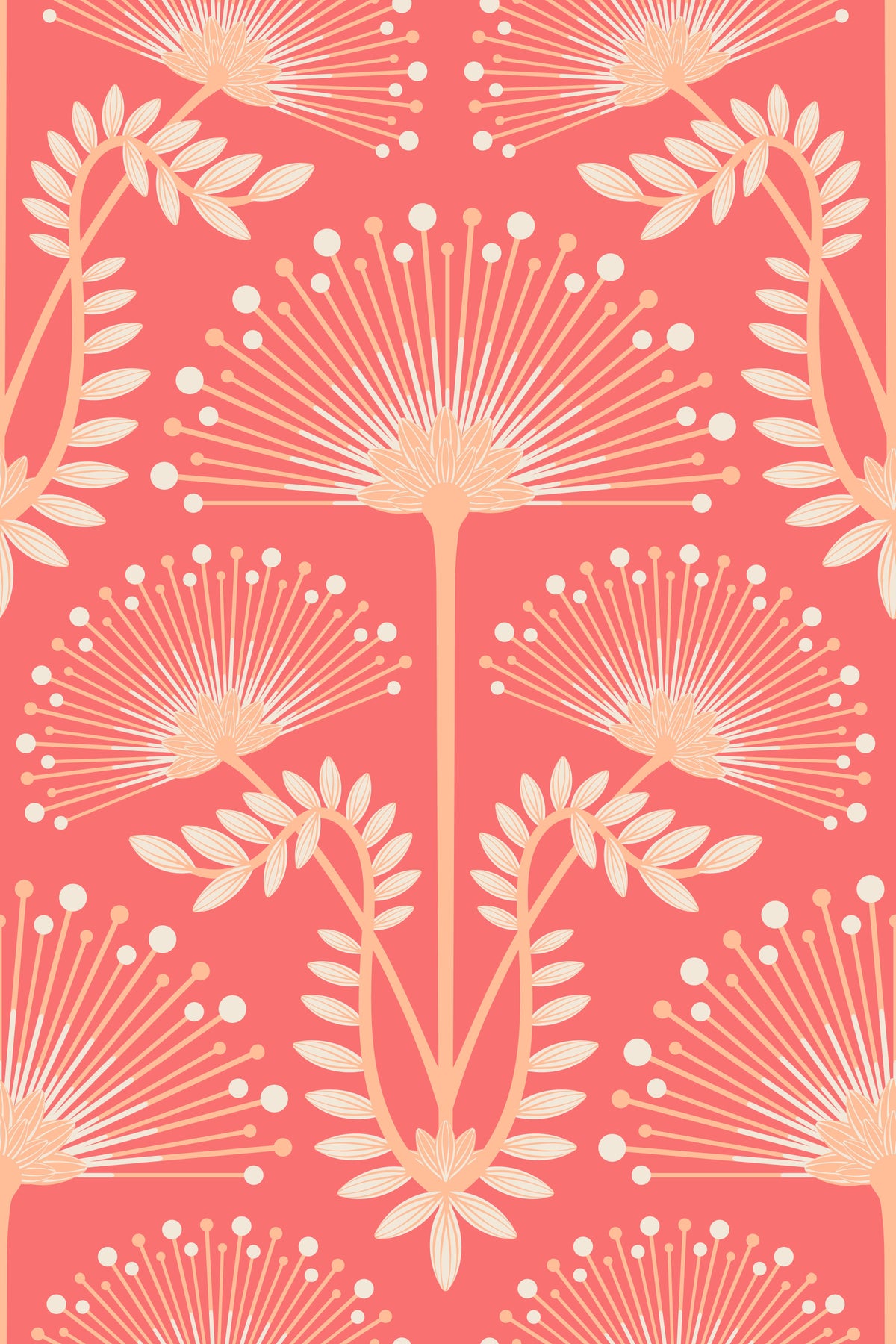 Mimosa Art Deco Floral Botanical Damask Pastel Peach Fuzz Orange Coral Red Wallpaper⁠ in your room