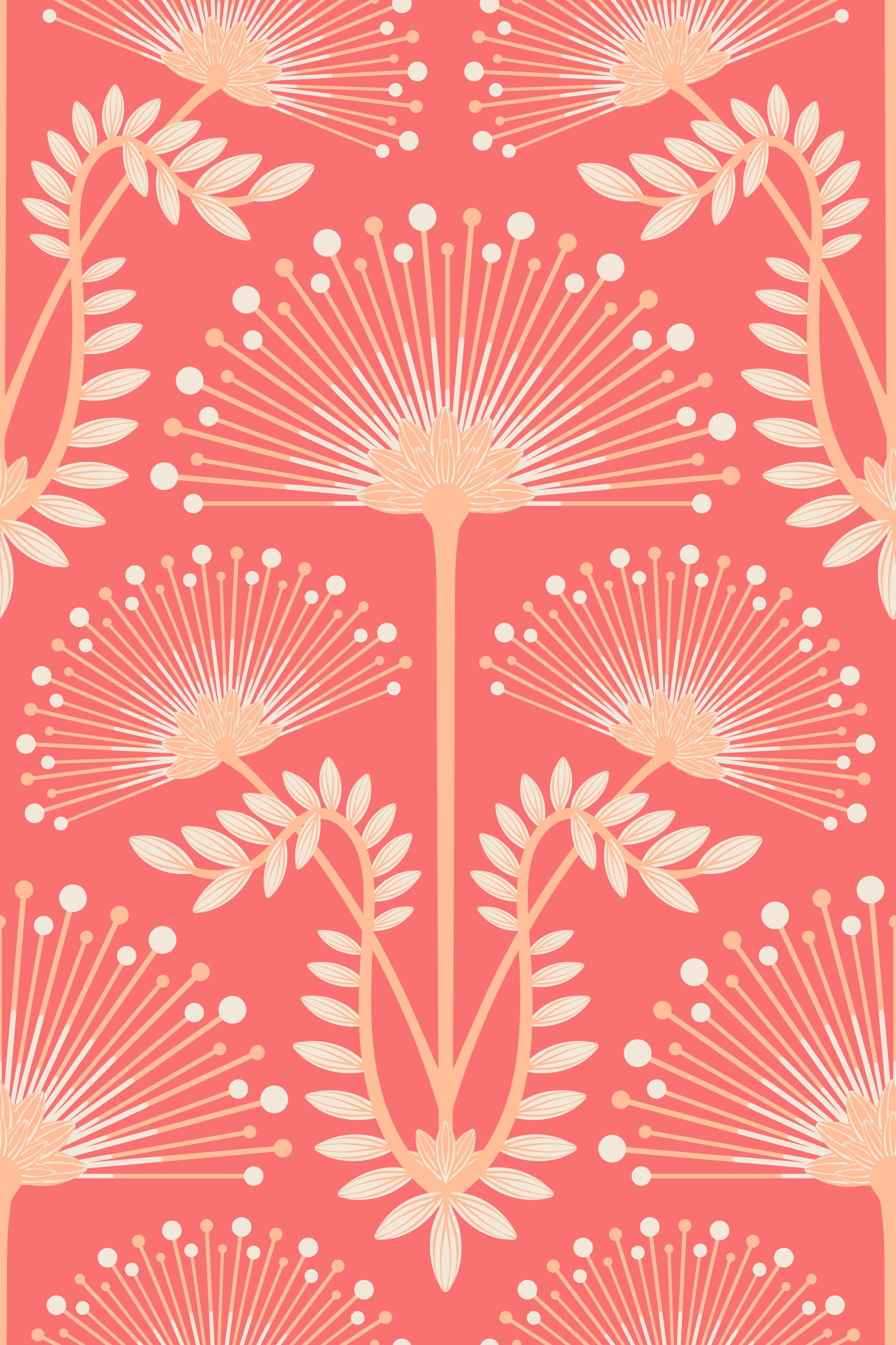 Mimosa Art Deco Floral Botanical Damask Pastel Peach Fuzz Orange Coral Red Wallpaper⁠