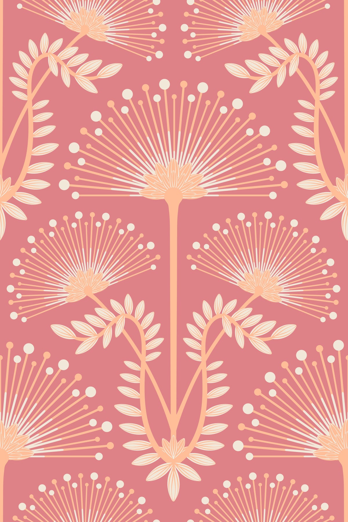 Mimosa Art Deco Floral Botanical Damask Pastel Peach Fuzz Orange Rust Red Wallpaper⁠ in your room — zoomed