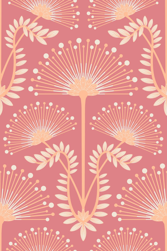 Mimosa Art Deco Floral Botanical Damask Pastel Peach Fuzz Orange Rust Red Wallpaper⁠