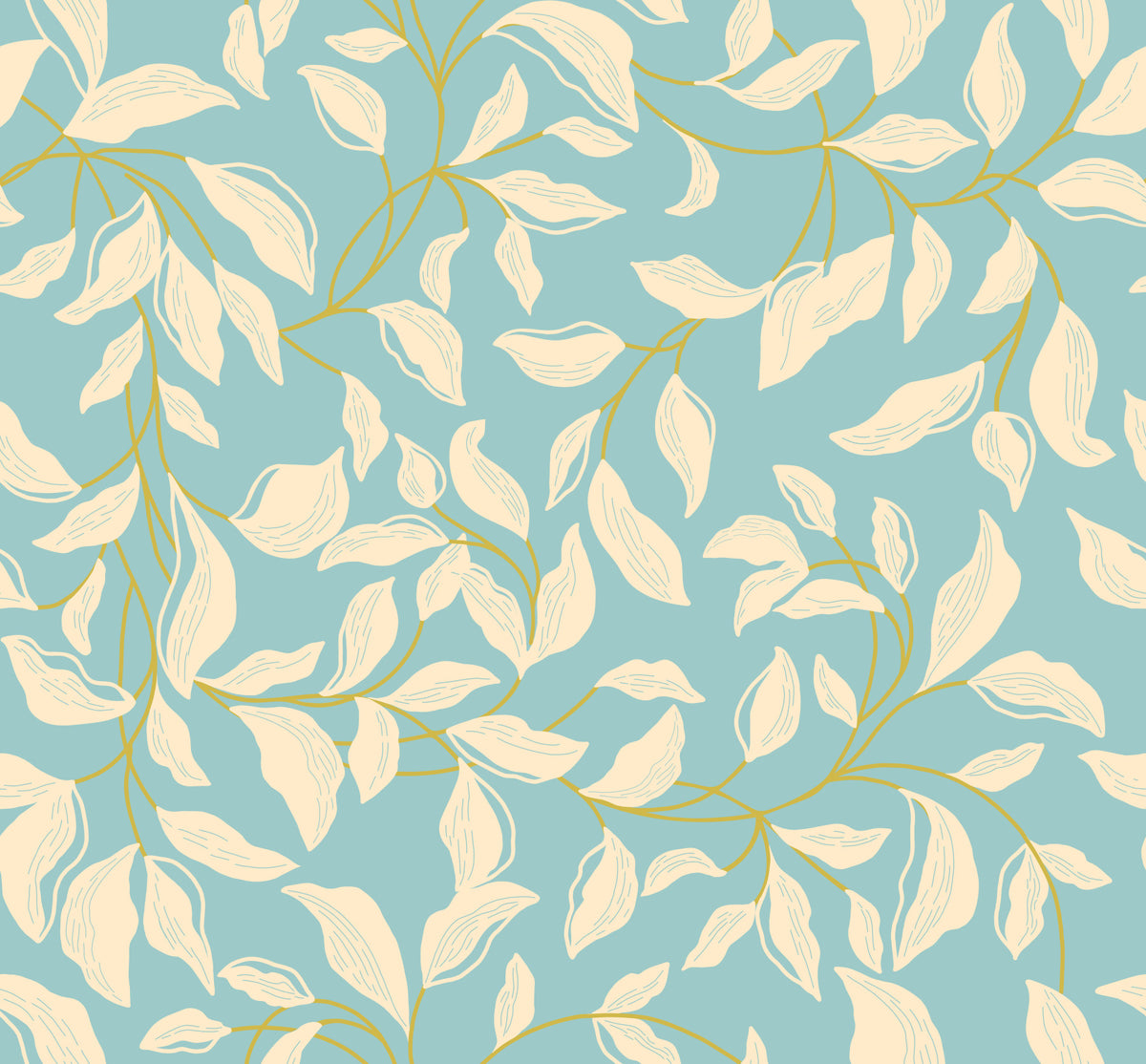Beige Leaves on Blue Wallpaper⁠ in your room — zoomed