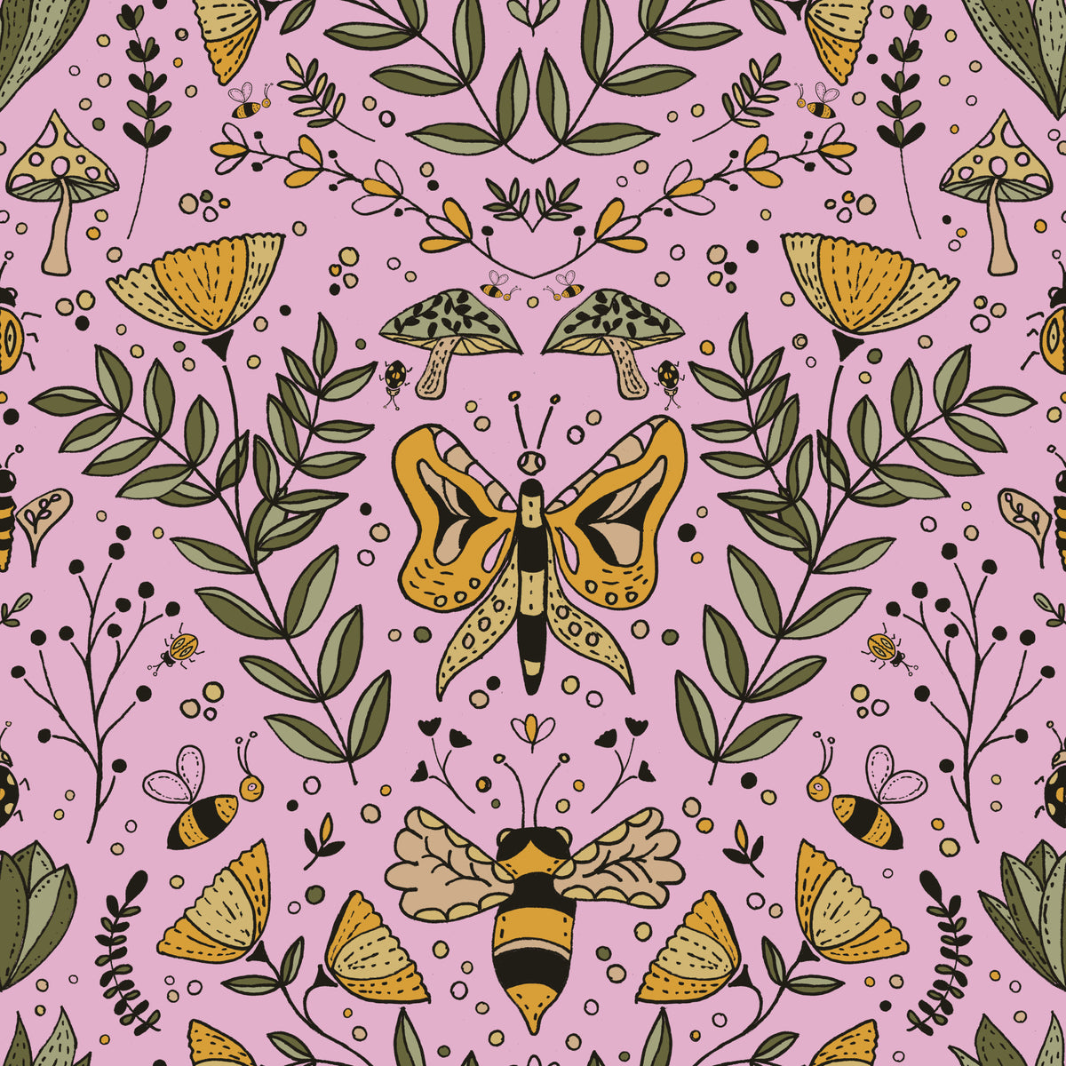 Bees Butterflies and Flowers Pink Wallpaper⁠ in your room — zoomed