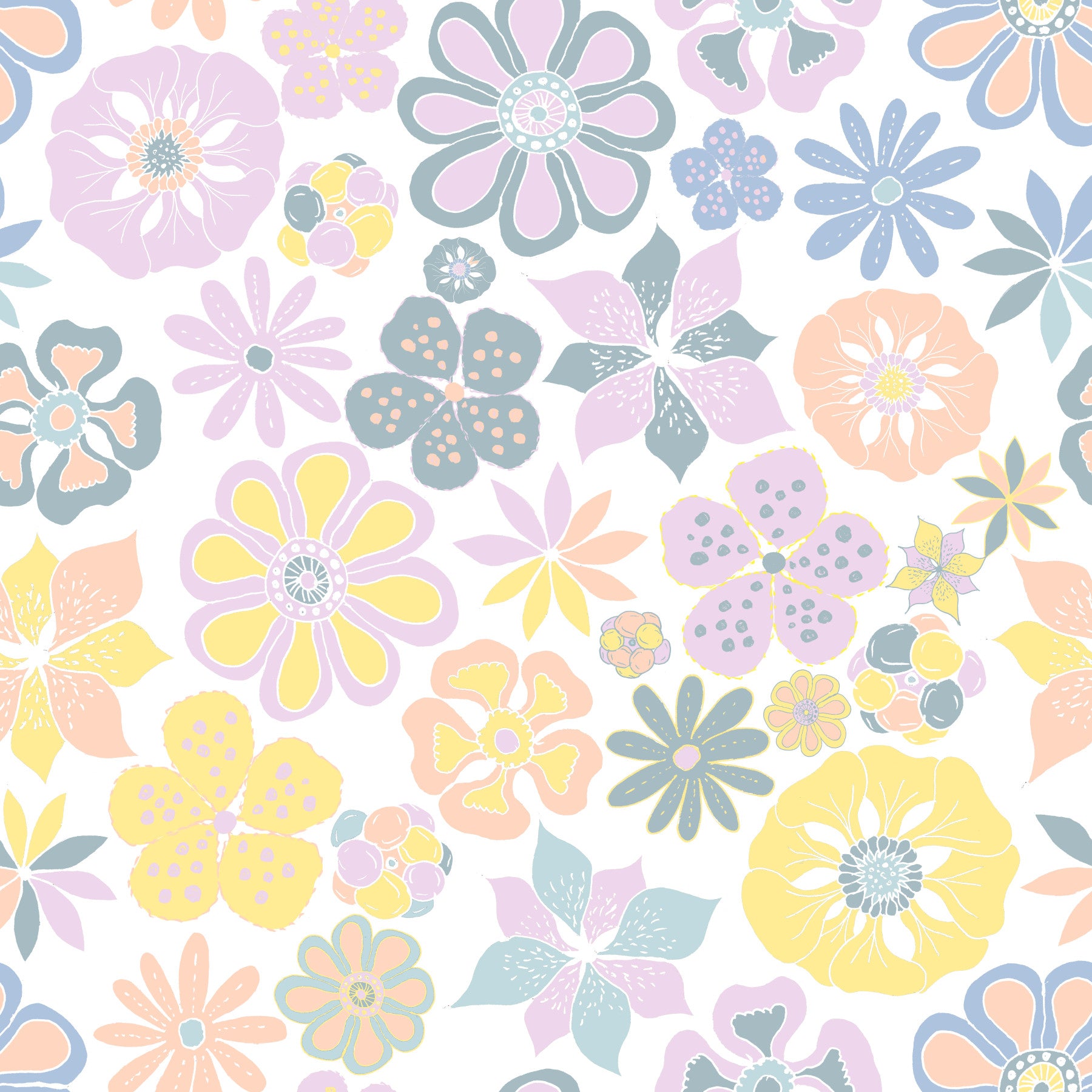 Hand Drawn Garden Flowers Yellow Blue Wallpaper⁠ in your room — zoomed