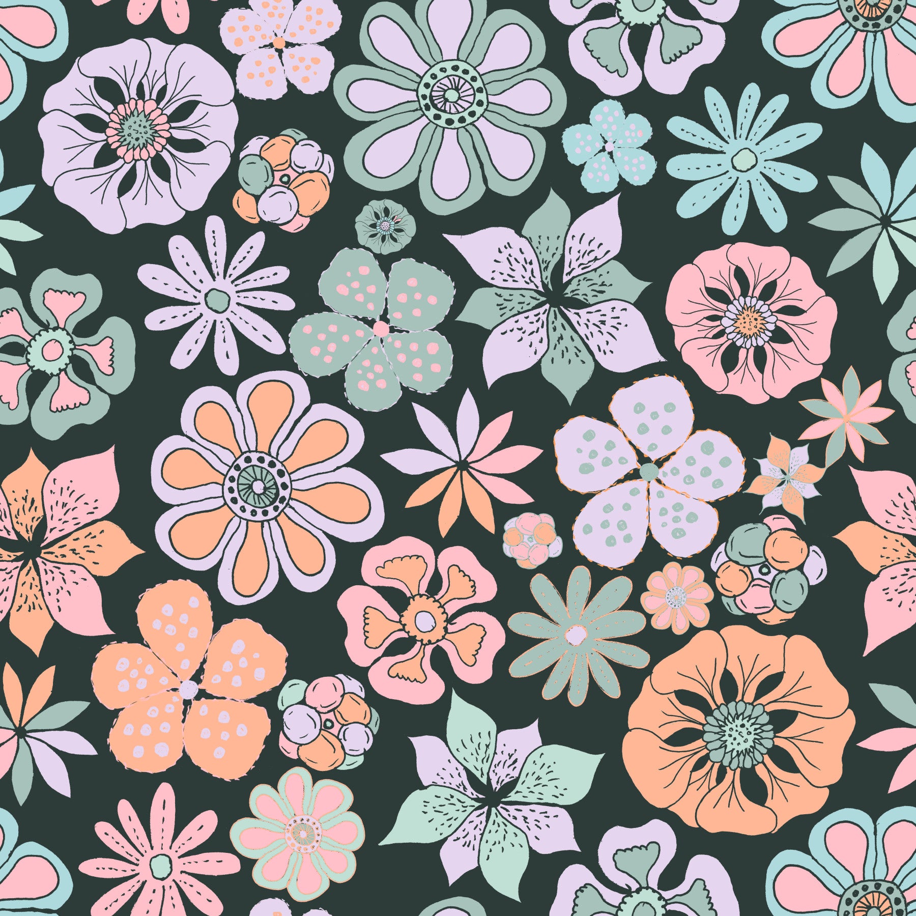 Hand Drawn Garden Flowers Dark Teal Wallpaper⁠