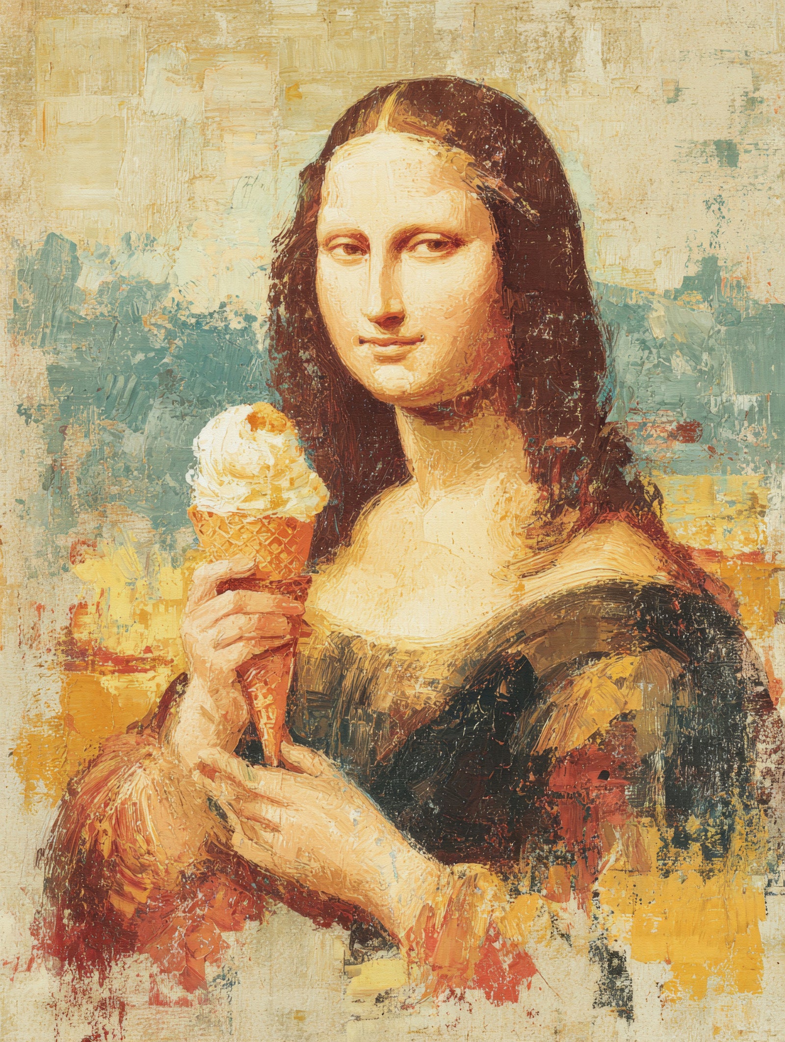 Mona Lisa Enjoying an Ice Cream Cone Wall Mural