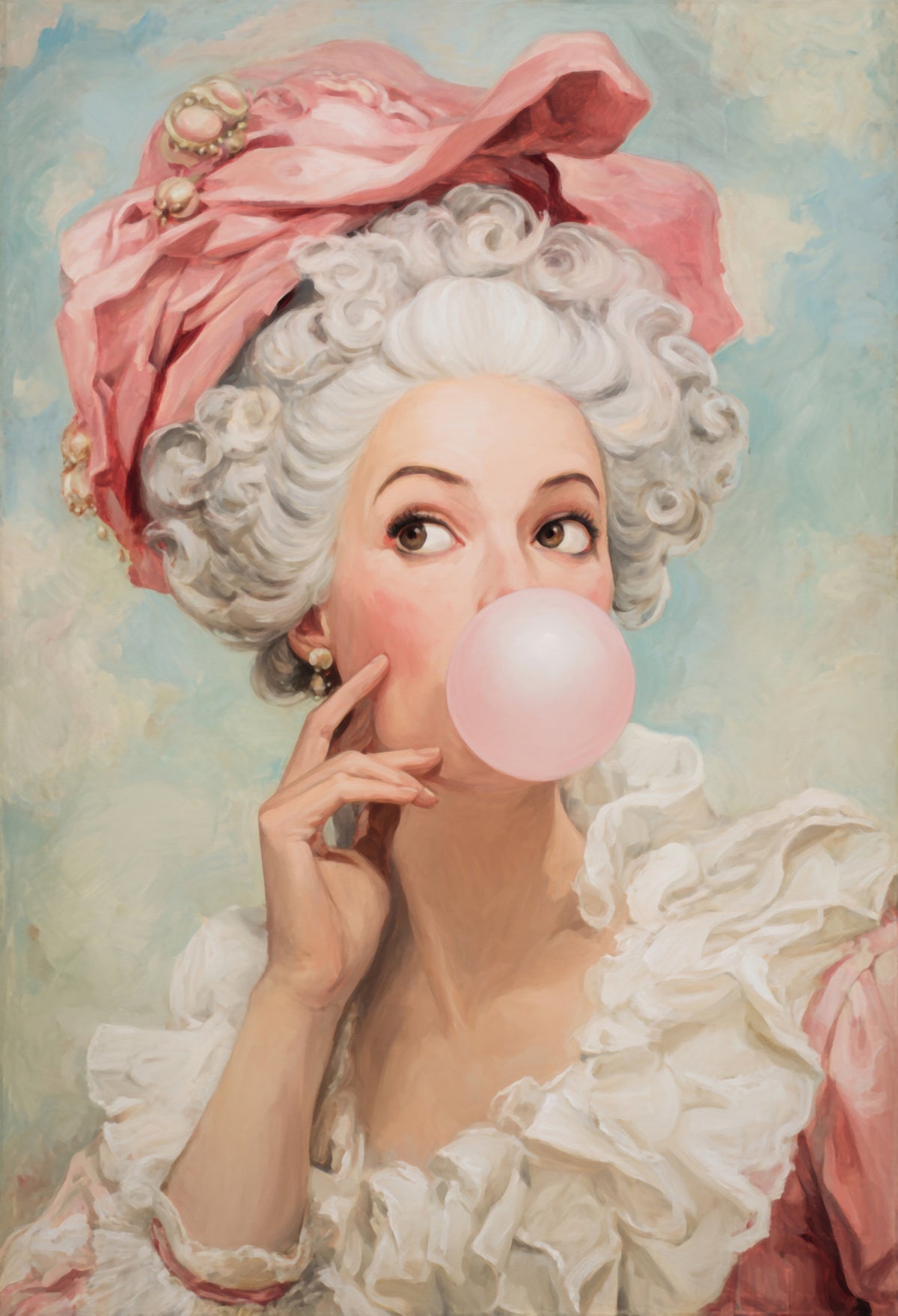 Rococo Lady Blowing Pink Bubble Gum Wall Mural in your room — zoomed