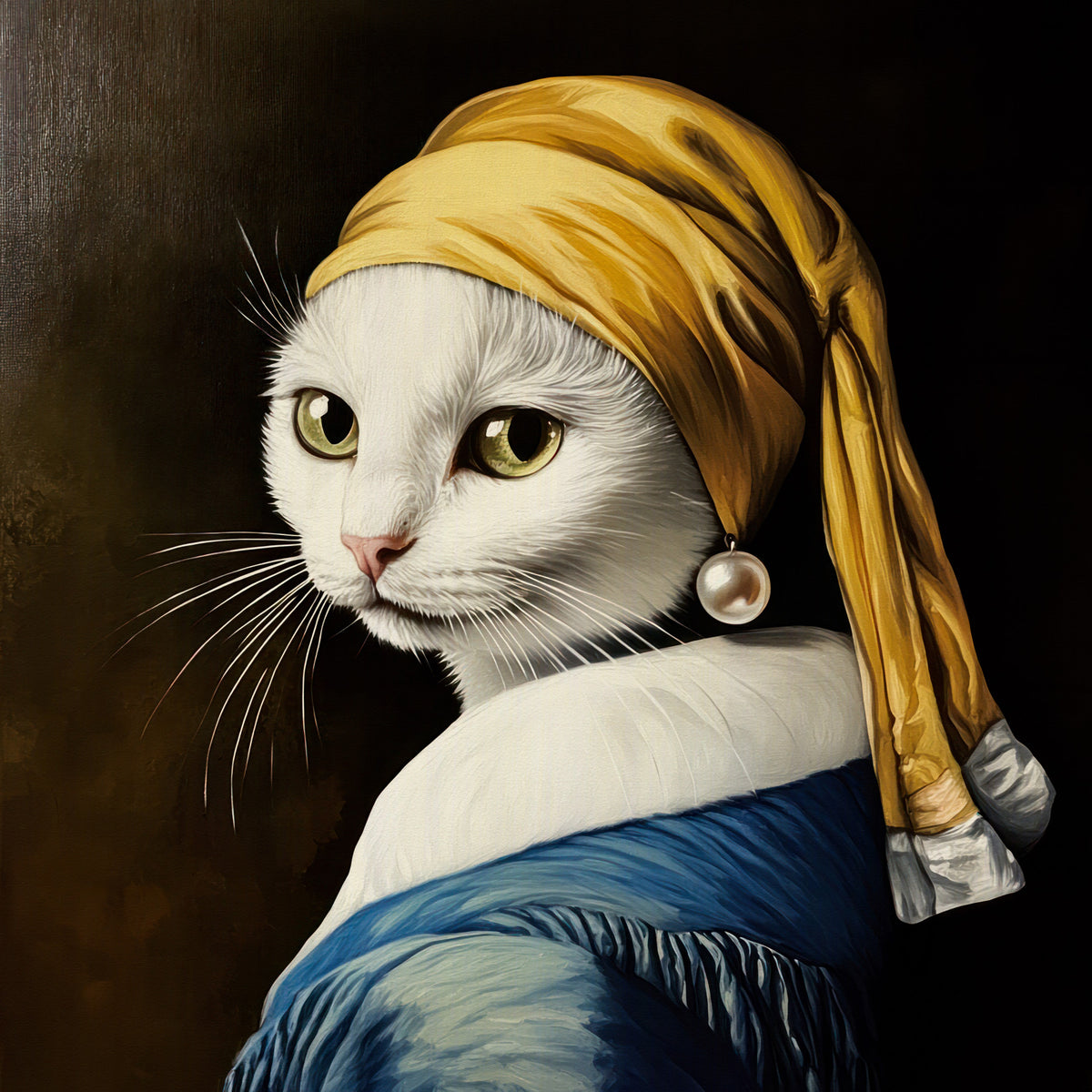 White Cat with Pearl Earring in Blue Robe Wall Mural in your room