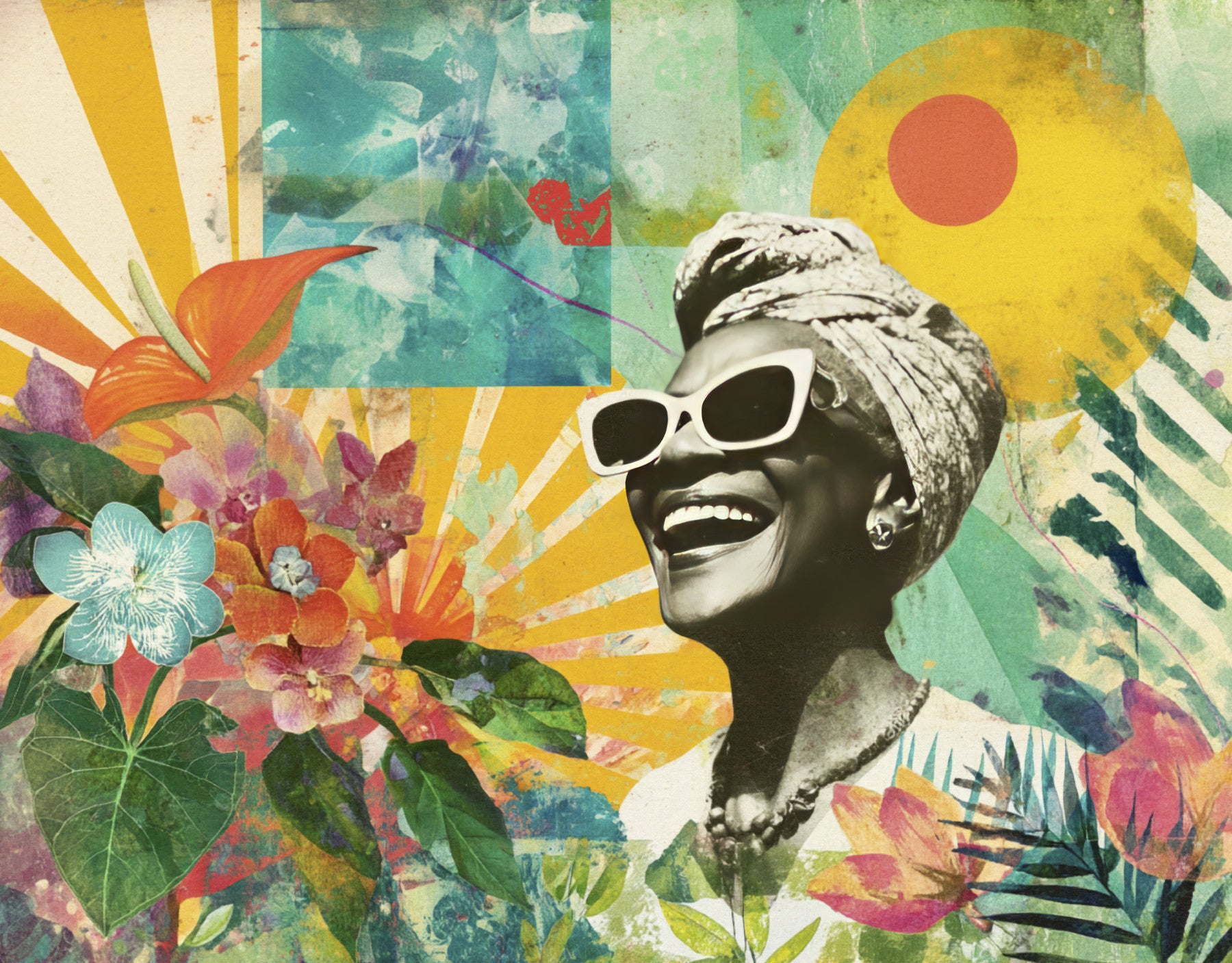 Vibrant Joyful Woman with Tropical Flowers Wall Mural in your room — zoomed