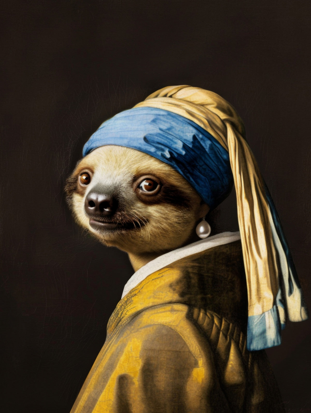 The sloth with the pearlearring - Vermeer Adaption Wall Mural in your room — zoomed