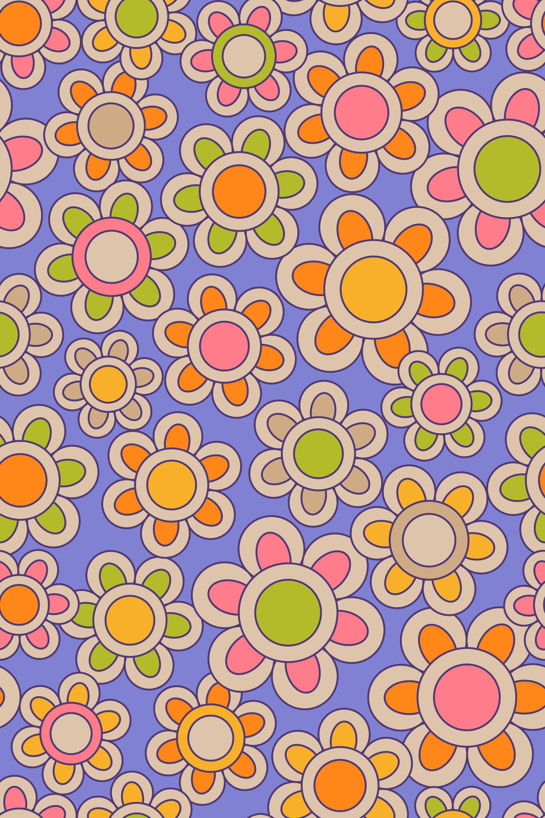 Groovy Daisies Retro 1970s Floral Orange Yellow Pink Green Purple Wallpaper⁠