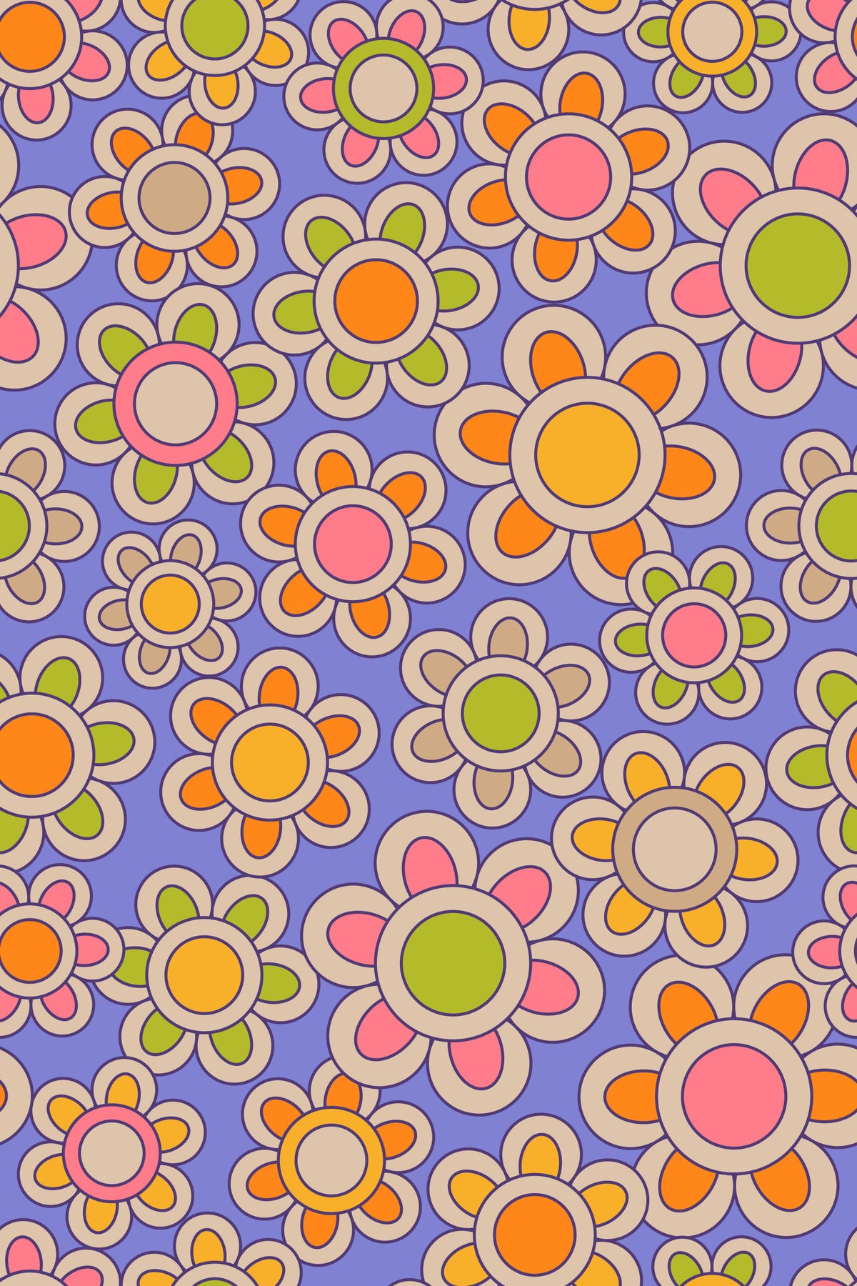 Groovy Daisies Retro 1970s Floral Orange Yellow Pink Green Purple Wallpaper⁠ in your room — zoomed
