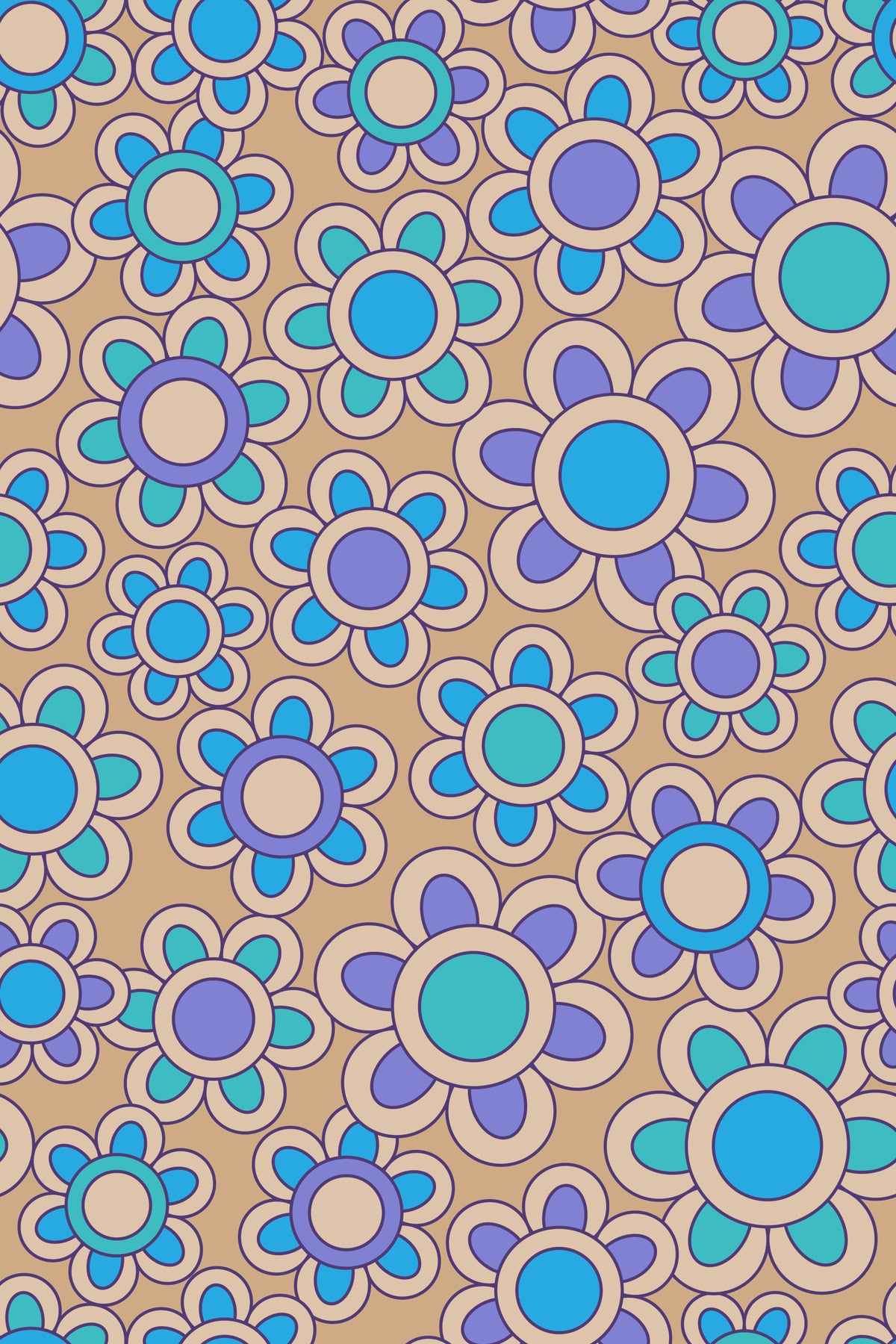 Groovy Daisies Retro 1970s Floral Turquoise Blue Purple Beige Wallpaper⁠ in your room — zoomed