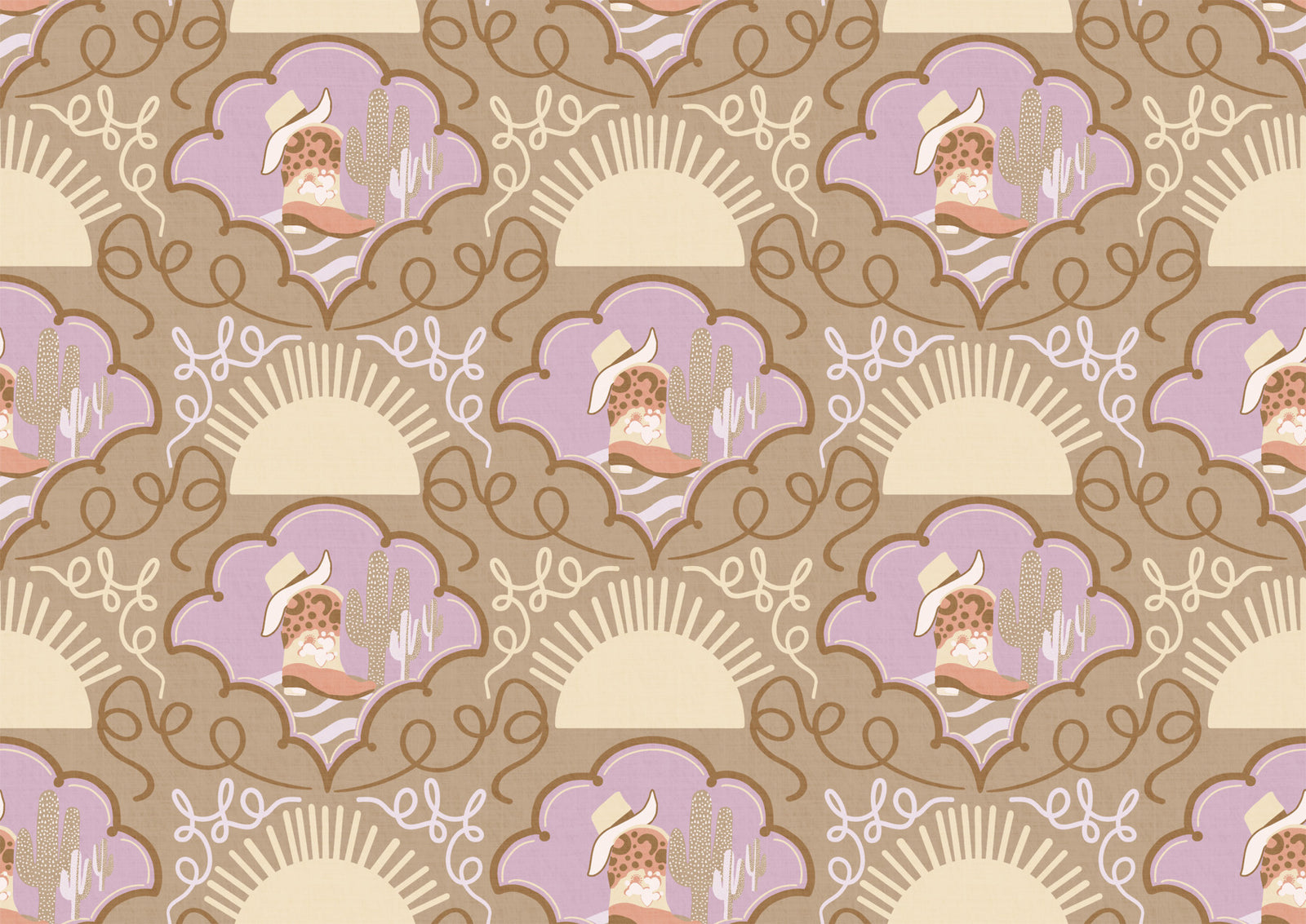Wild West Whimsy – Cowboy Boots & Cactus Wallpaper in Lavender & Neutral Brown for Eclectic Kids’ Spaces and Boho Interiors
