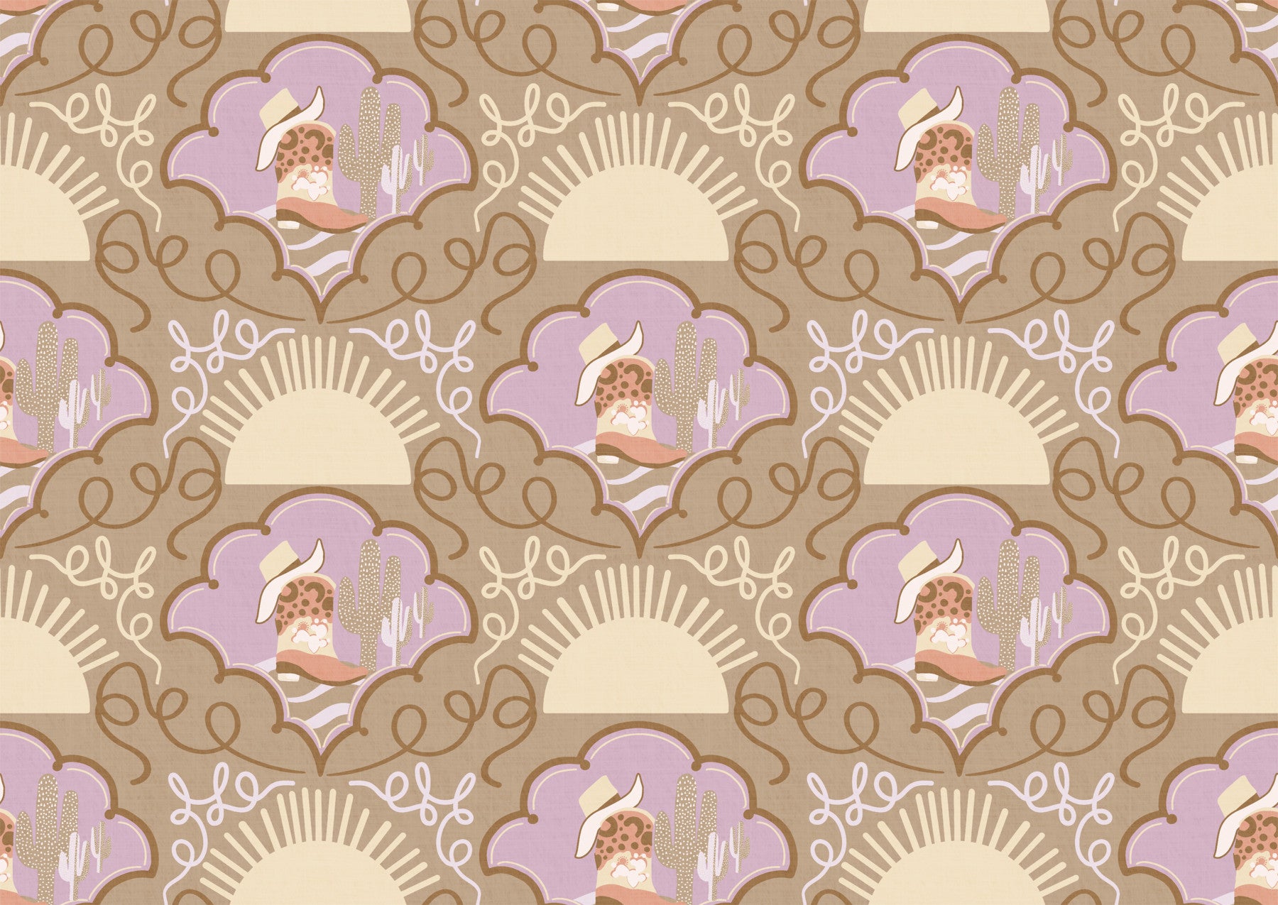 Wild West Whimsy – Cowboy Boots & Cactus Wallpaper in Lavender & Neutral Brown for Eclectic Kids’ Spaces and Boho Interiors