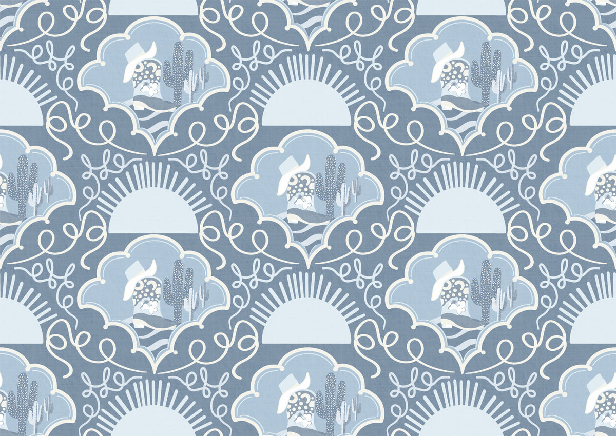Southwestern Serenity- Grey Blue Cactus & Cowboy Folk Art Wallpaper for Boho, Rustic & Contemporary Interiors Wallpaper⁠ in your room
