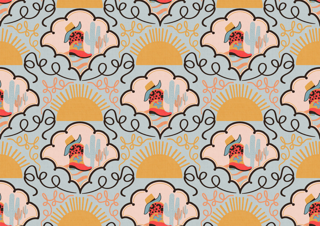 Wild West Whimsy-  Playful Red Cowboy Boots & Cactus Wallpaper for Kids’ Rooms & Western-Inspired Interiors Wallpaper⁠
